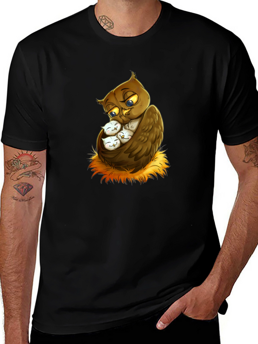Cute Owl Family Graphic Tee - Black Cotton T-Shirt
