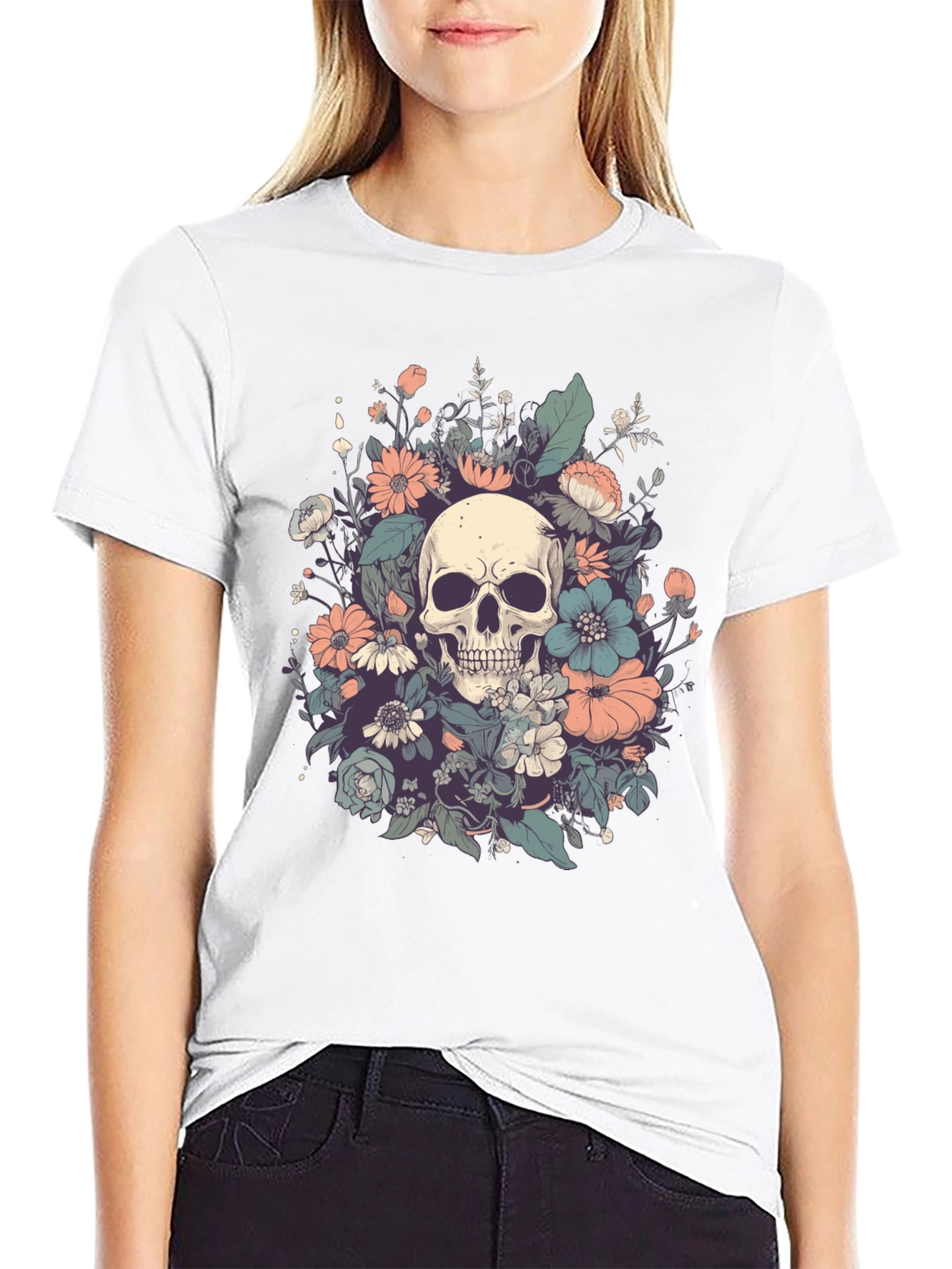 Skull & Floral Graphic Tee - Dark Style