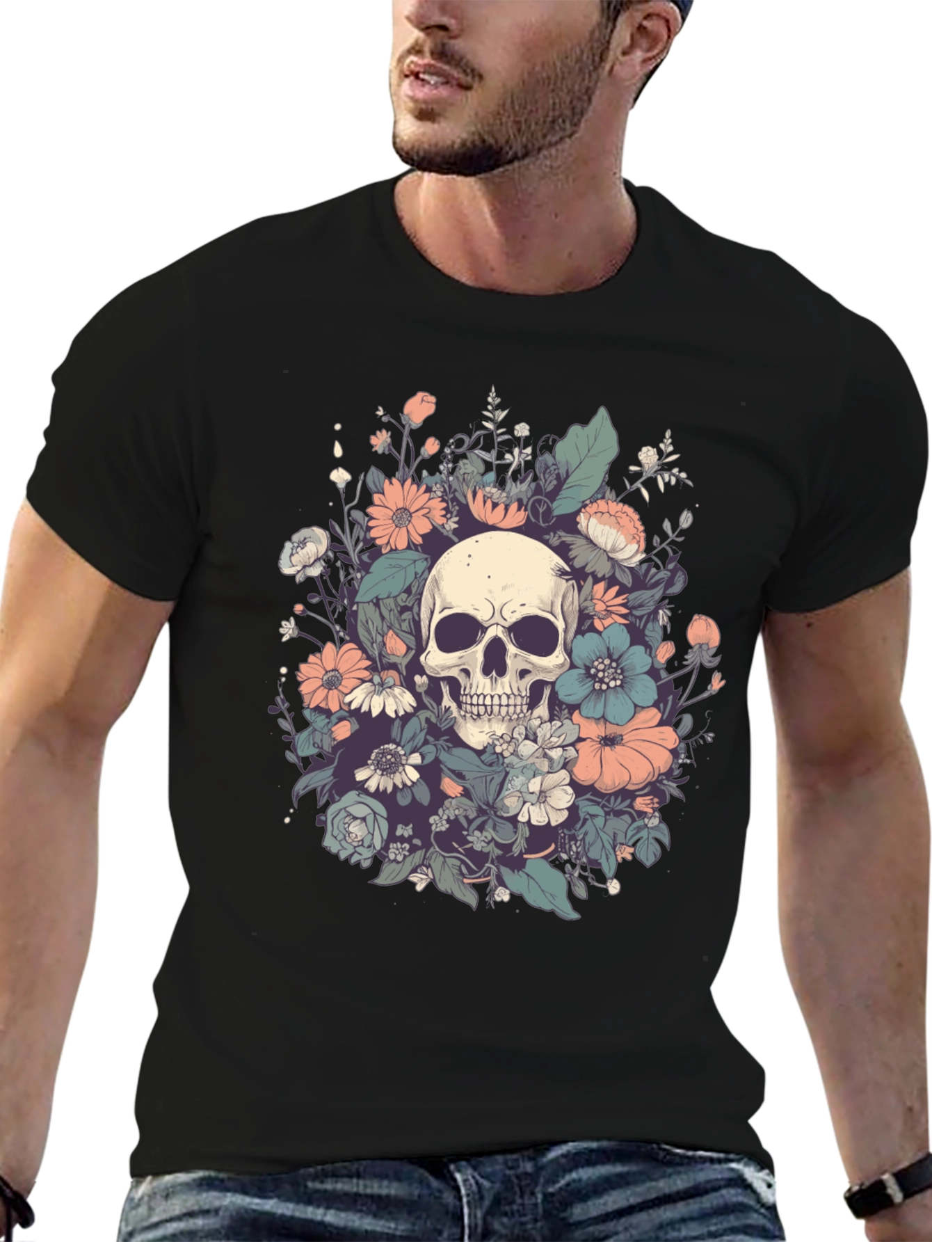 Skull & Floral Graphic Tee - Dark Style