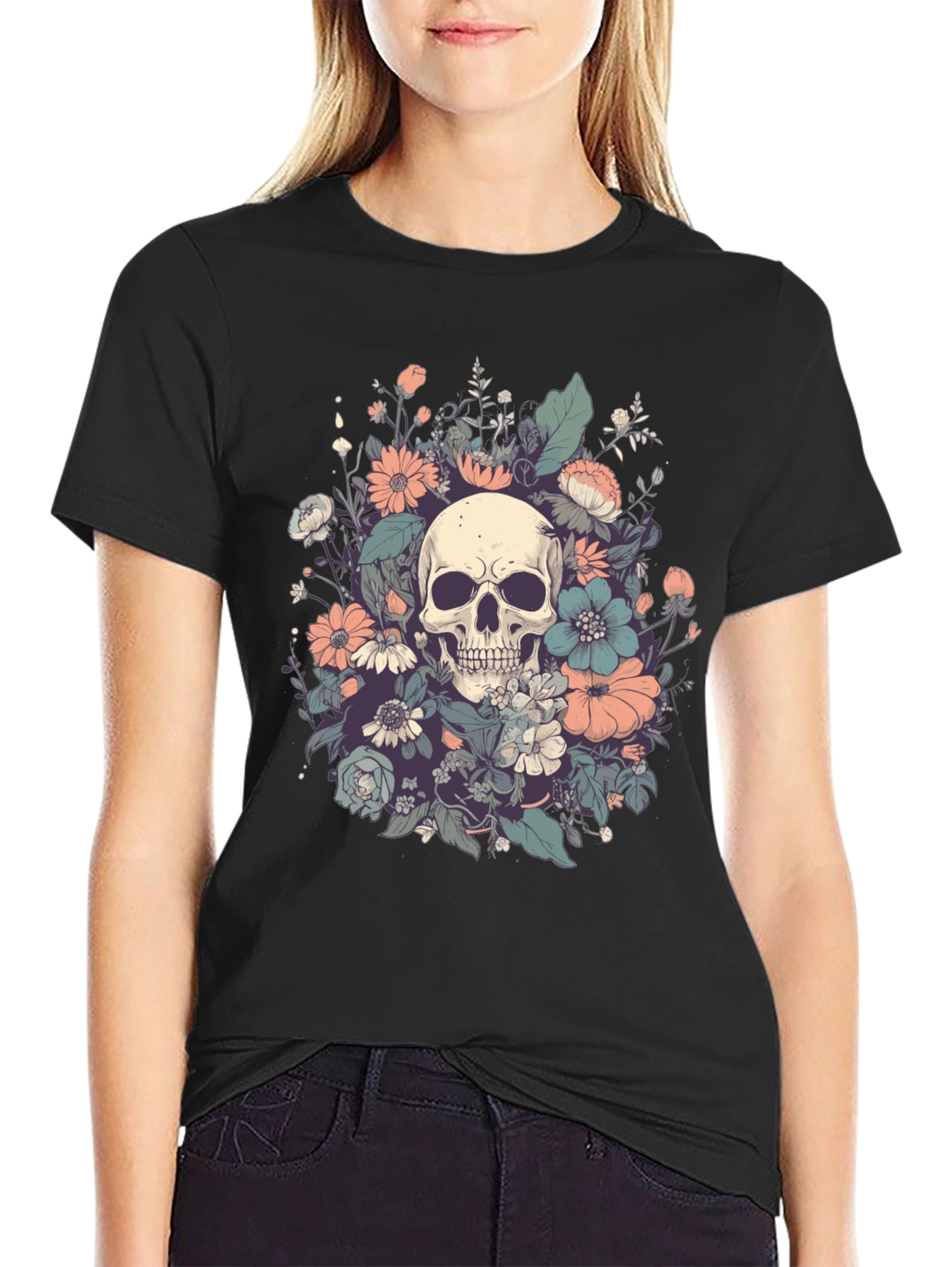 Skull & Floral Graphic Tee - Dark Style