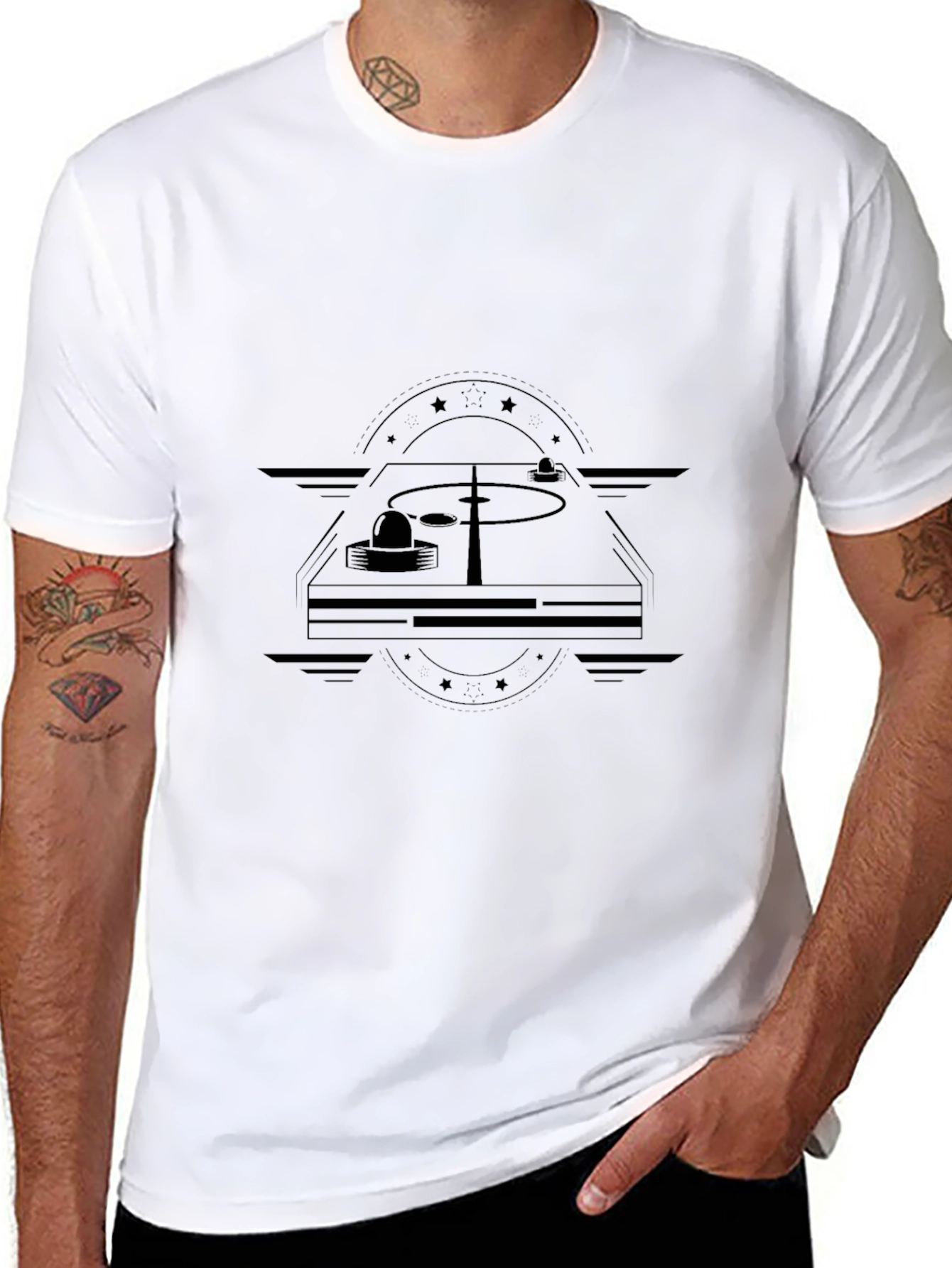 Stylish Black T-Shirt with Turntable Graphic Print