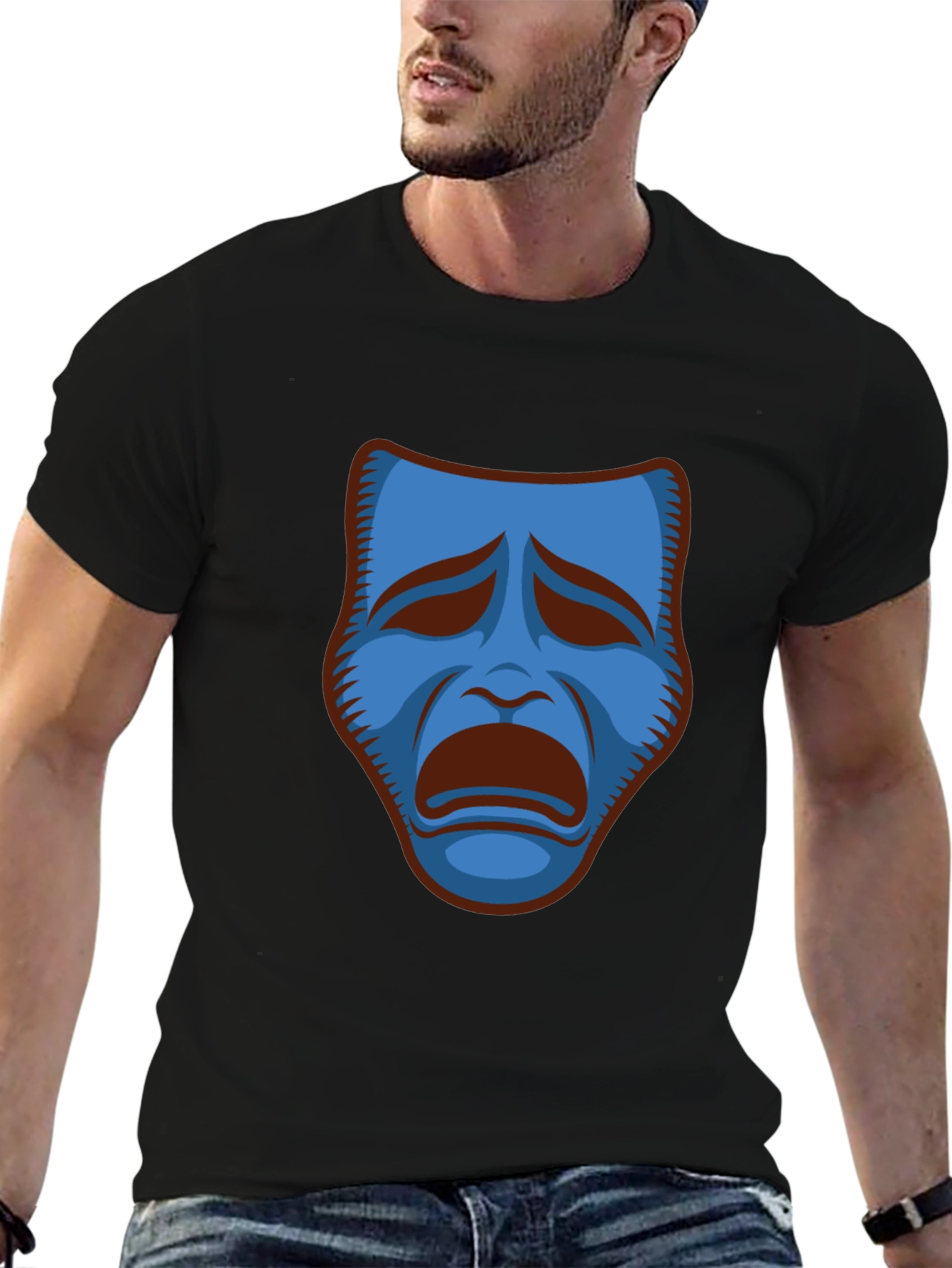 Black T-Shirt with Blue Sad Mask Graphic