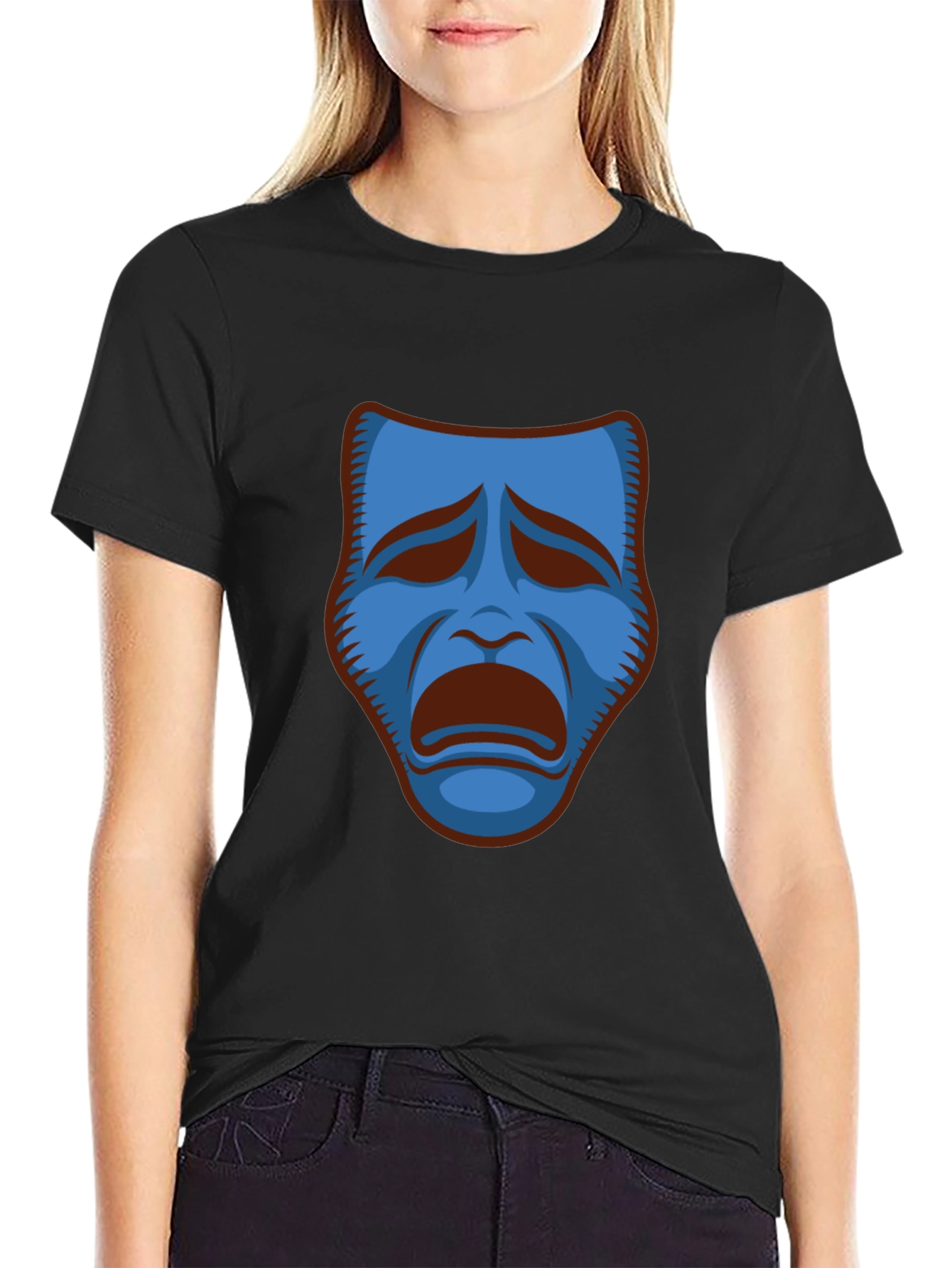 Black T-Shirt with Blue Sad Mask Graphic