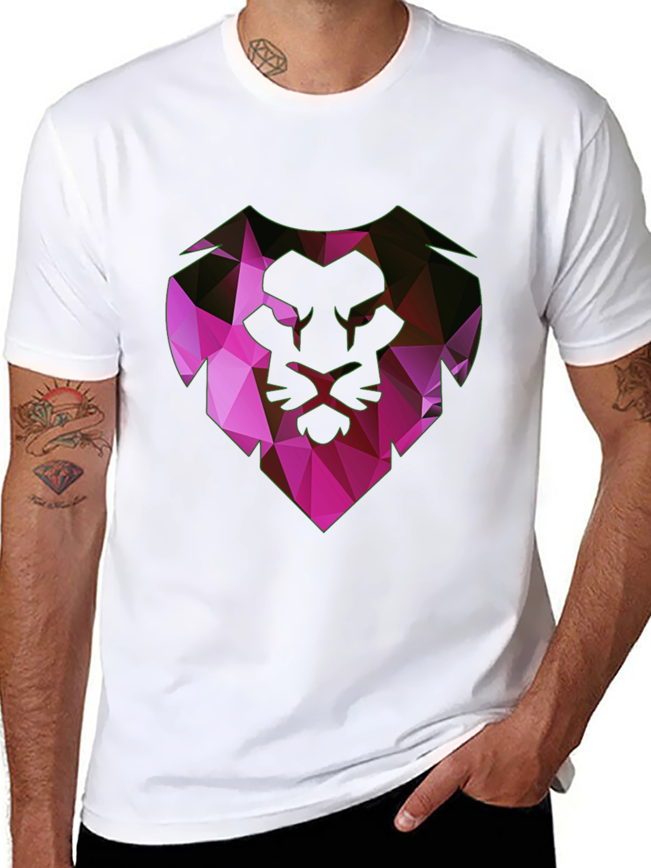 Geometric Lion Head Graphic Tee - Black