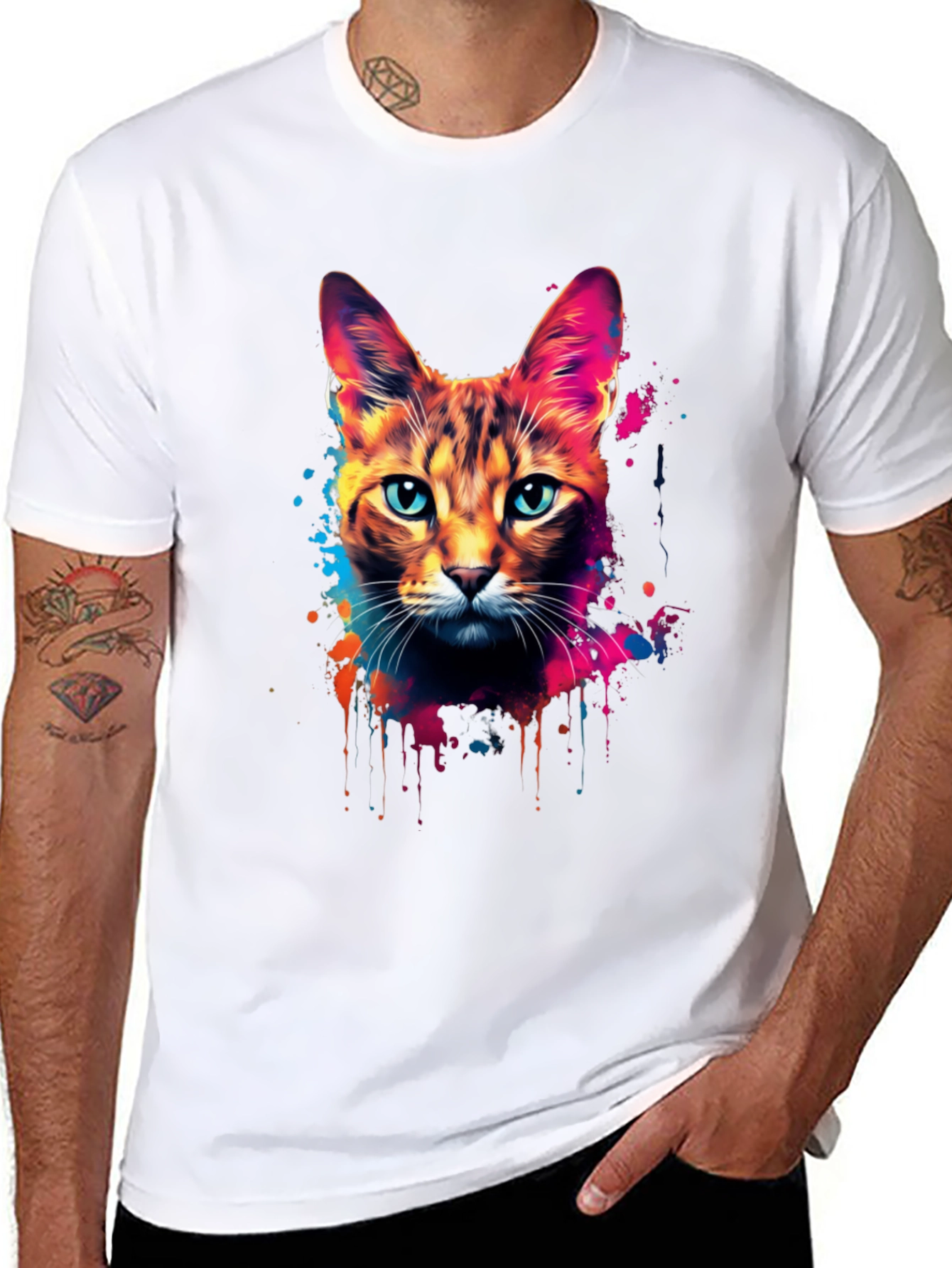 Vibrant Cat Graphic Black T-Shirt