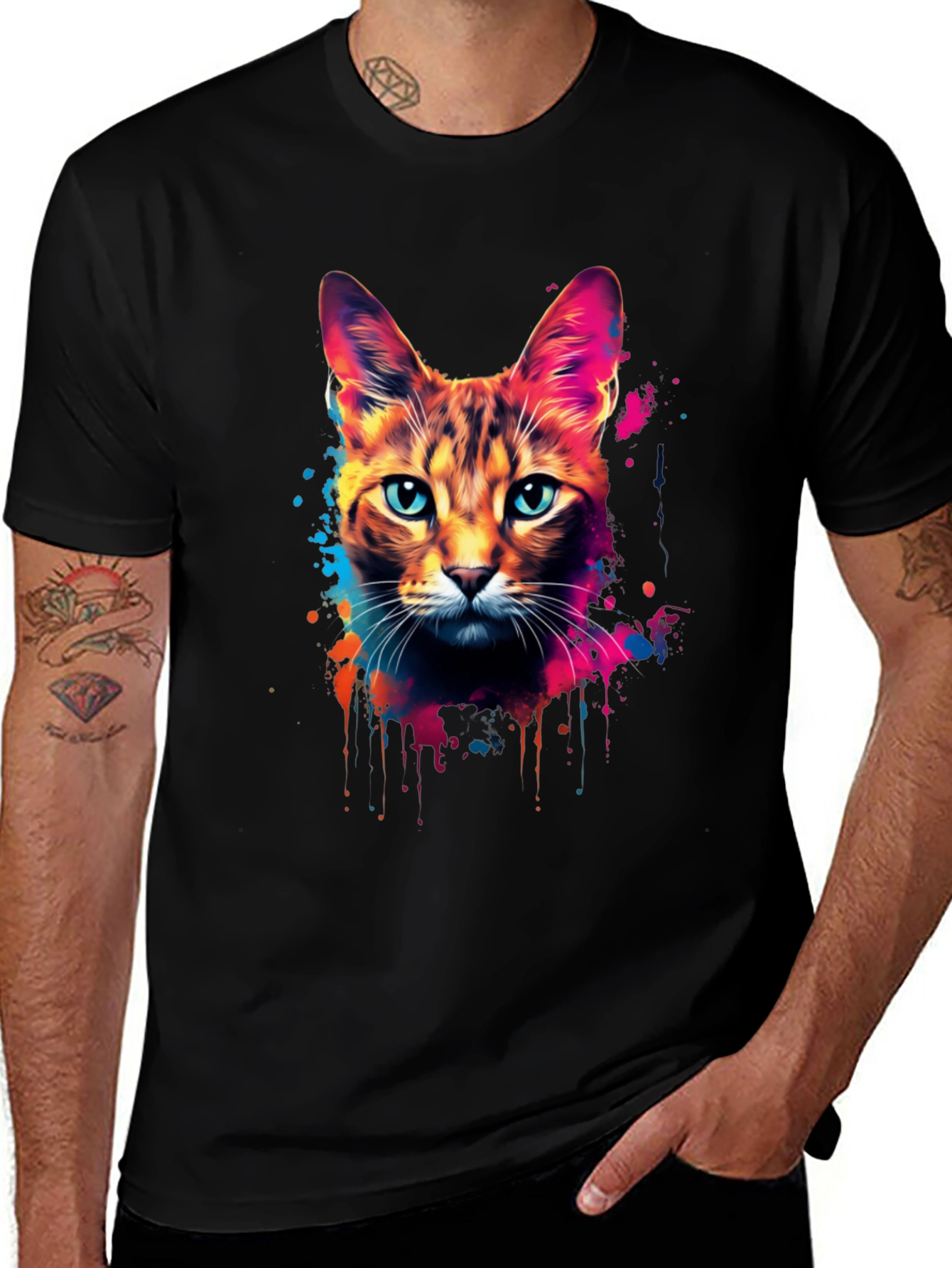 Vibrant Cat Graphic Black T-Shirt
