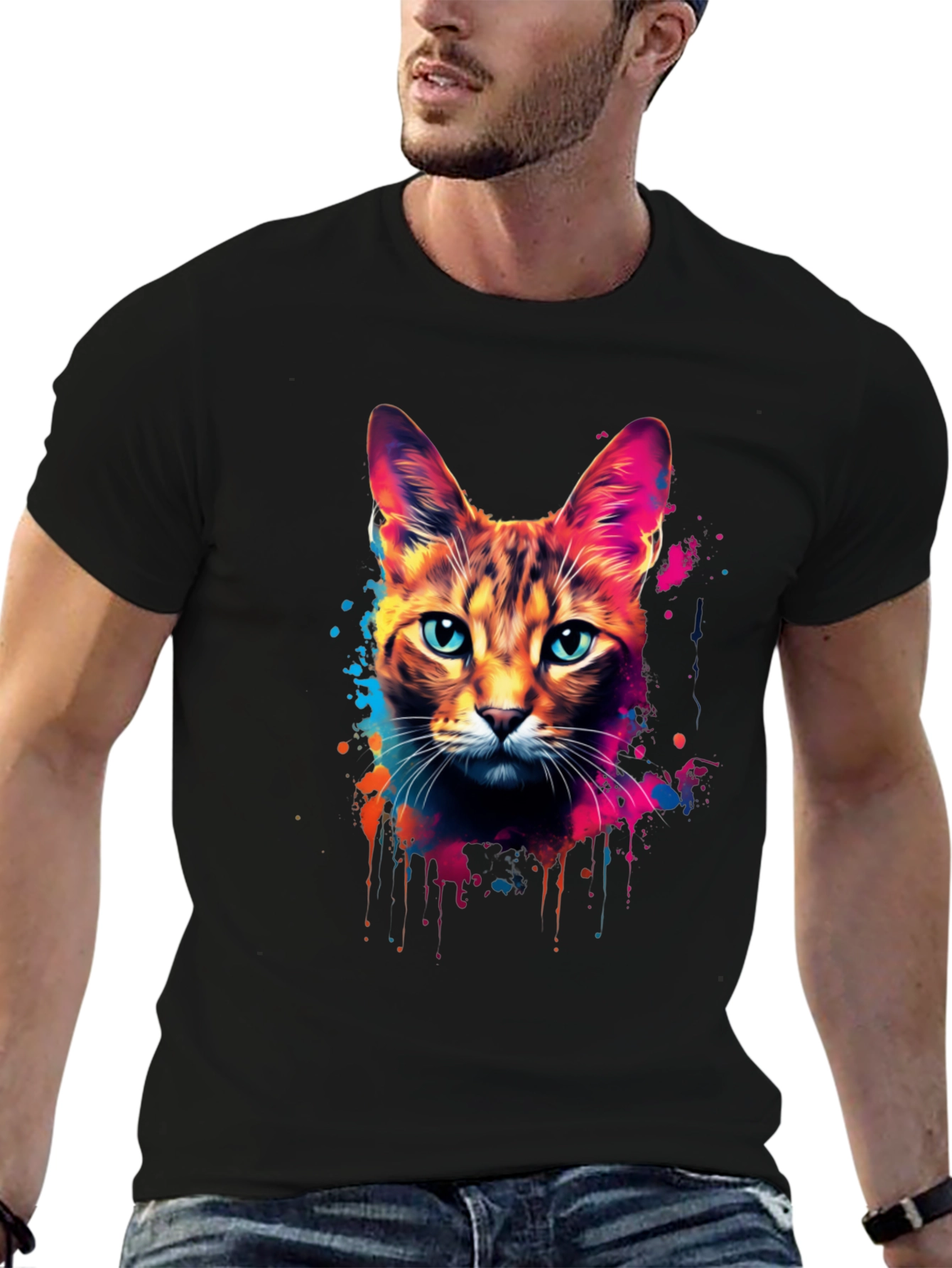 Vibrant Cat Graphic Black T-Shirt