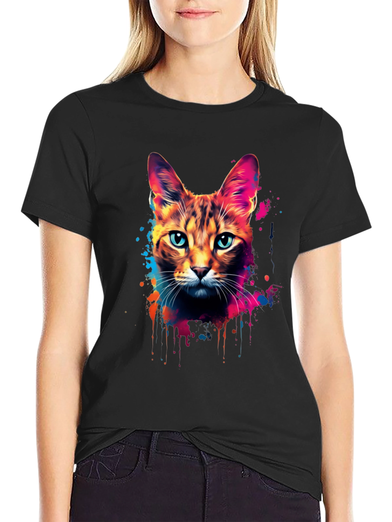 Vibrant Cat Graphic Black T-Shirt