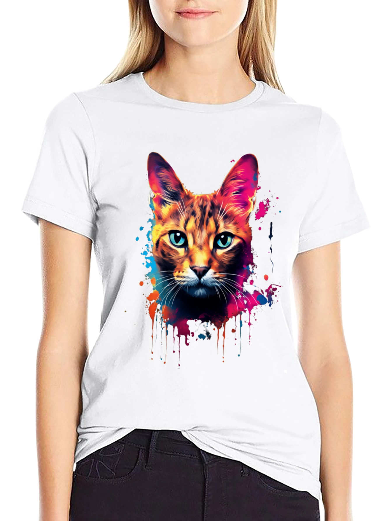 Vibrant Cat Graphic Black T-Shirt