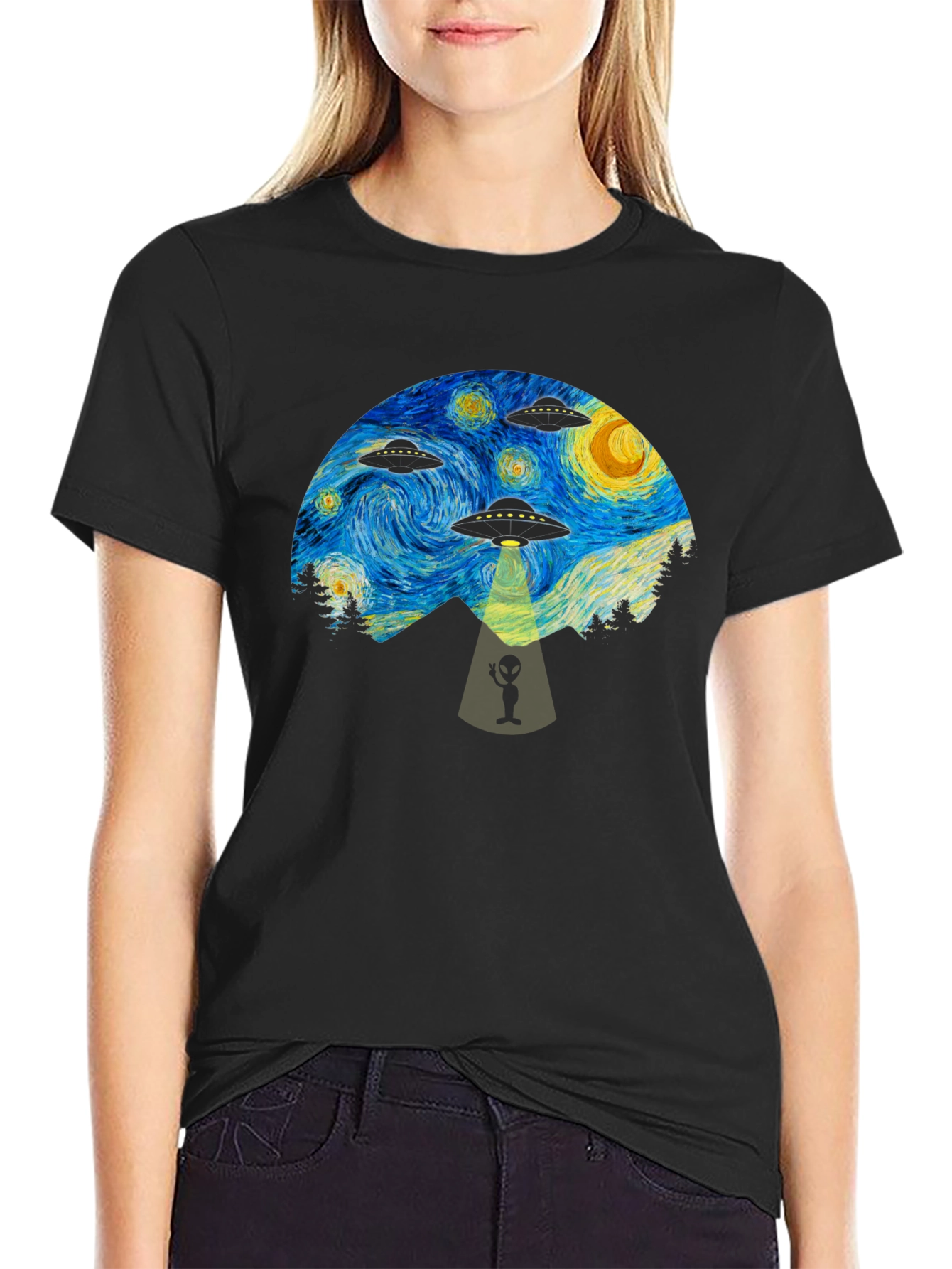 Starry Night UFO Abduction Graphic T-Shirt