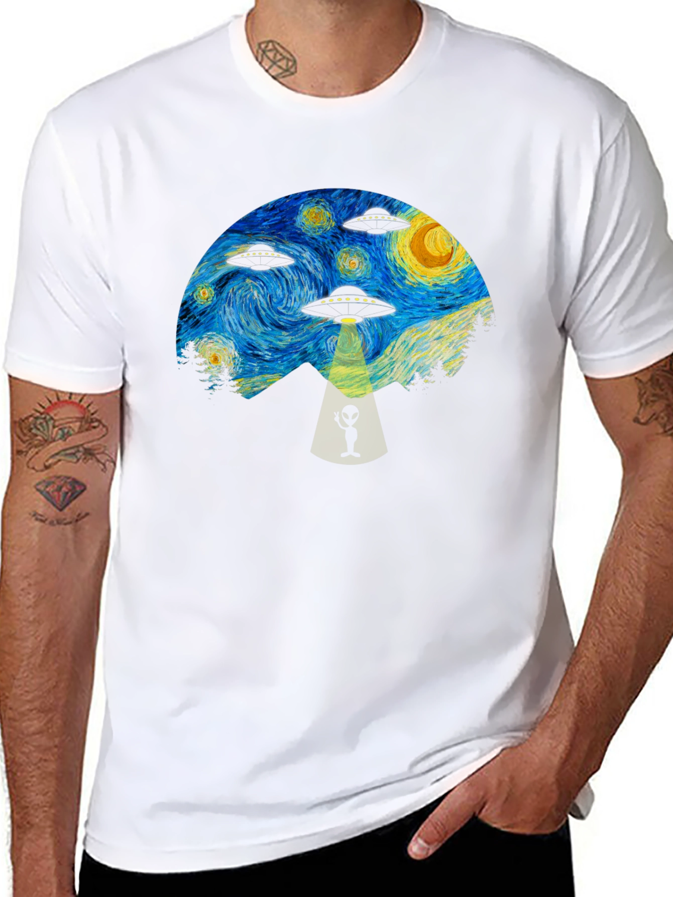 Starry Night UFO Abduction Graphic T-Shirt