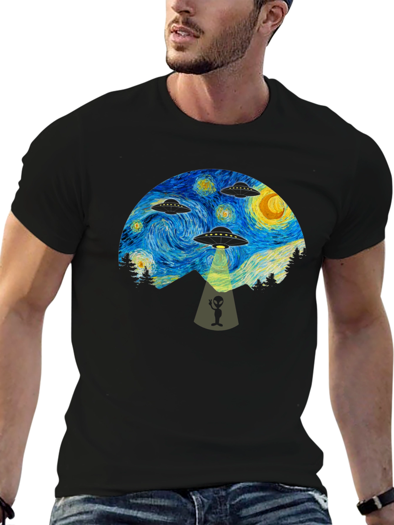 Starry Night UFO Abduction Graphic T-Shirt