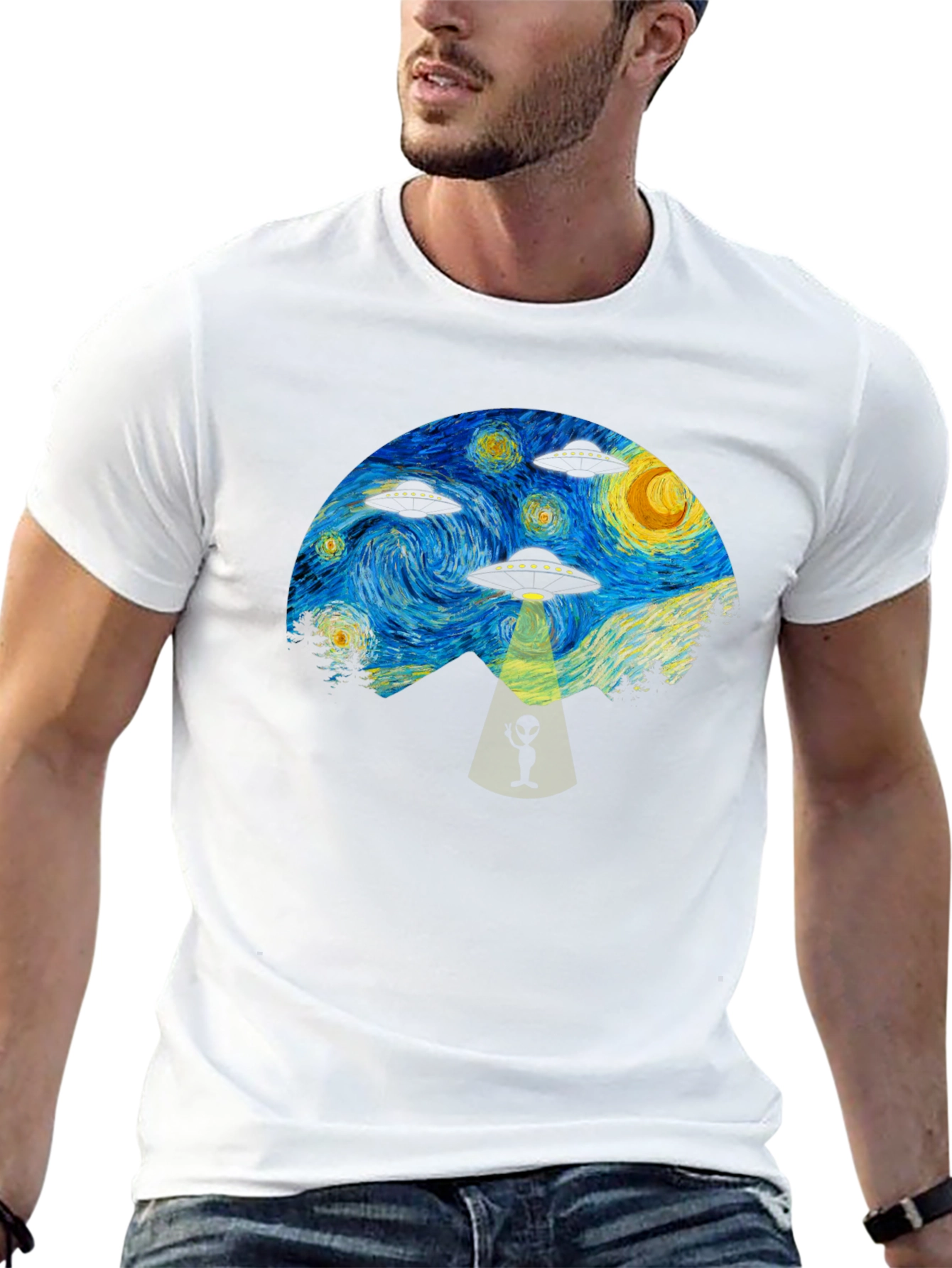 Starry Night UFO Abduction Graphic T-Shirt