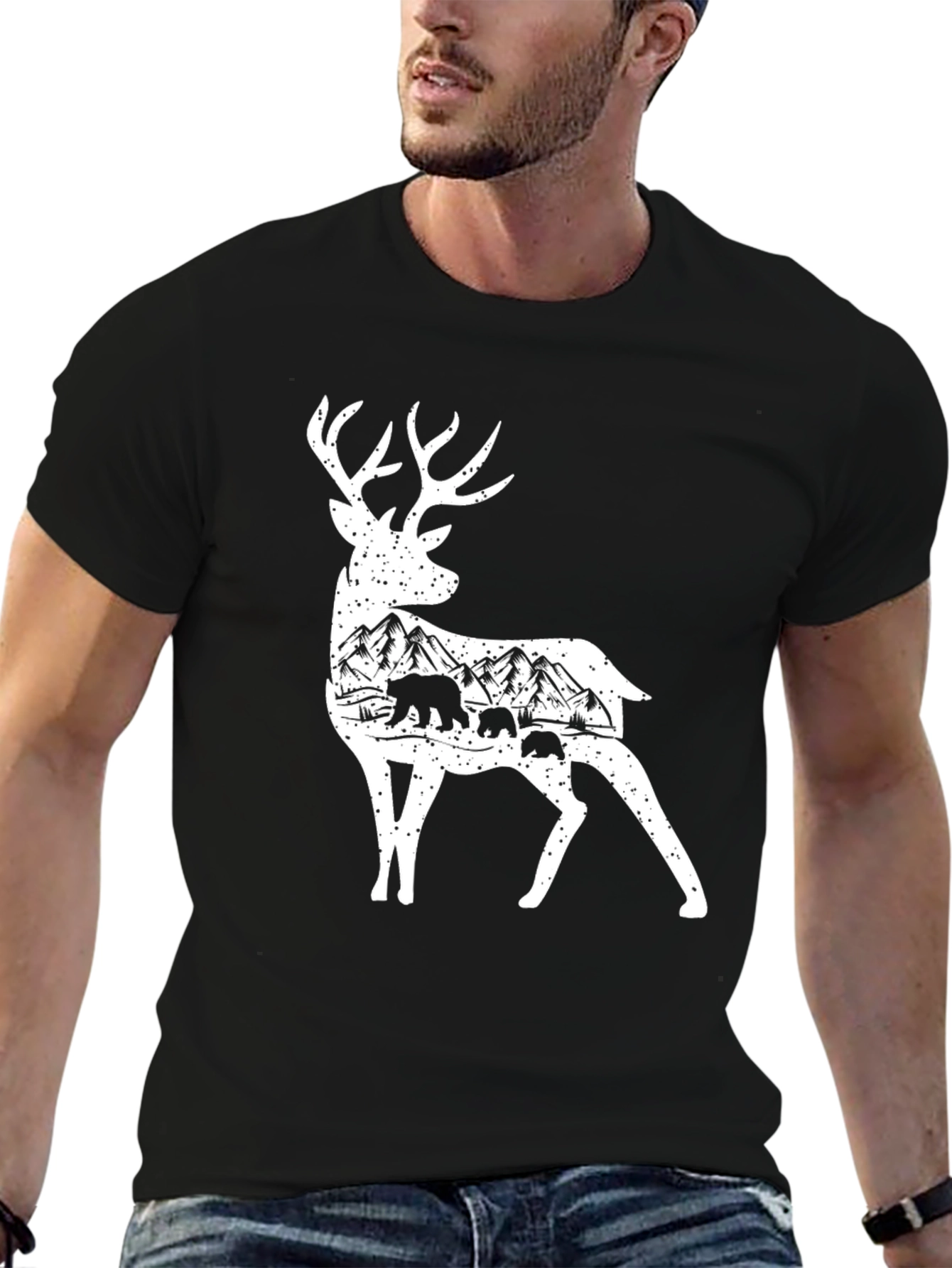 Deer and Mountain Scene Graphic T-Shirt