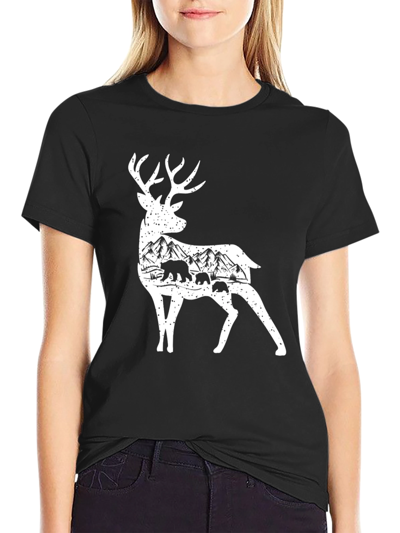 Deer and Mountain Scene Graphic T-Shirt