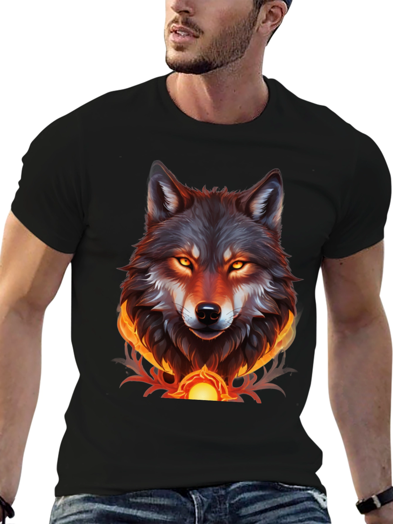 Fiery Wolf Graphic Tee - Bold Black T-Shirt