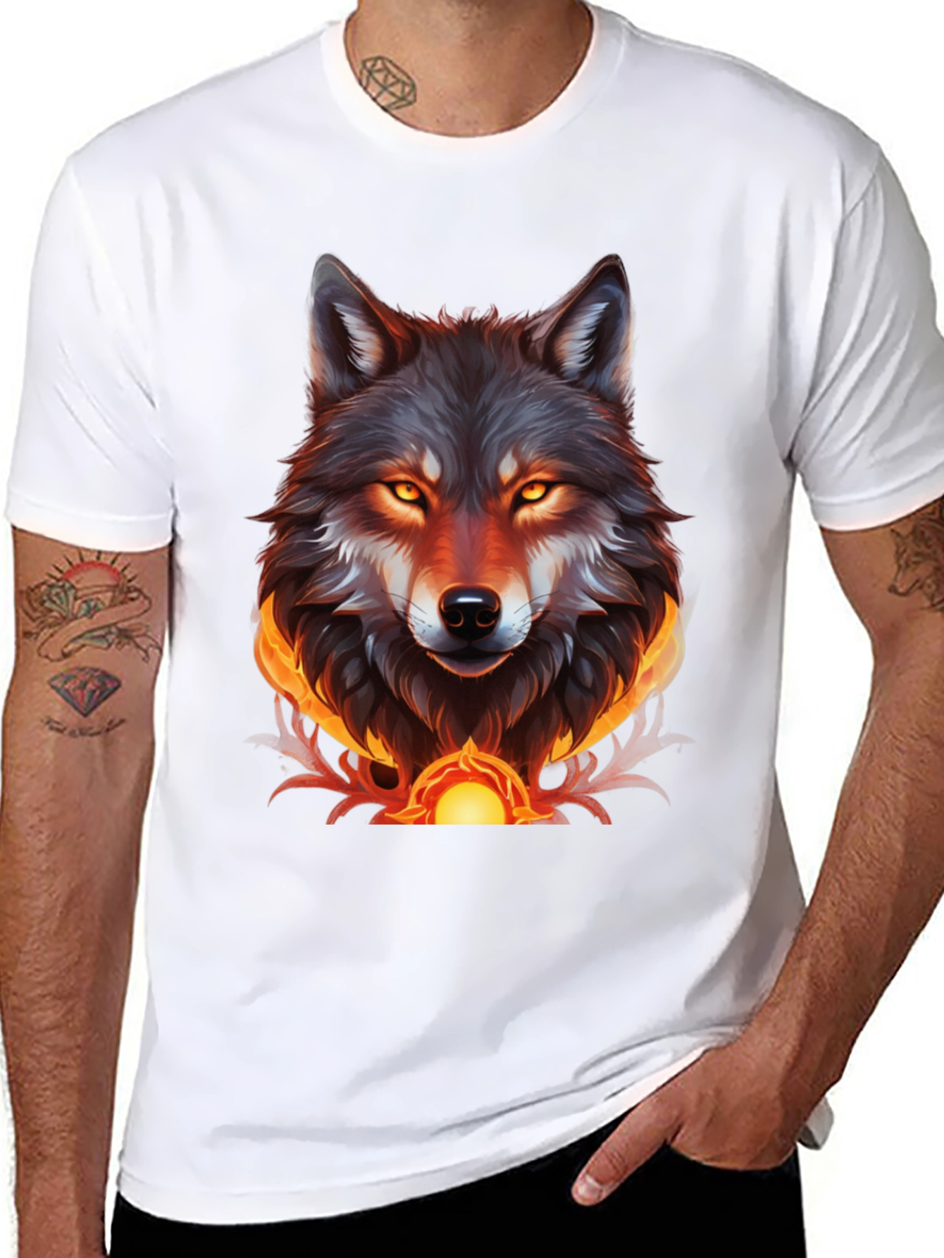 Fiery Wolf Graphic Tee - Bold Black T-Shirt