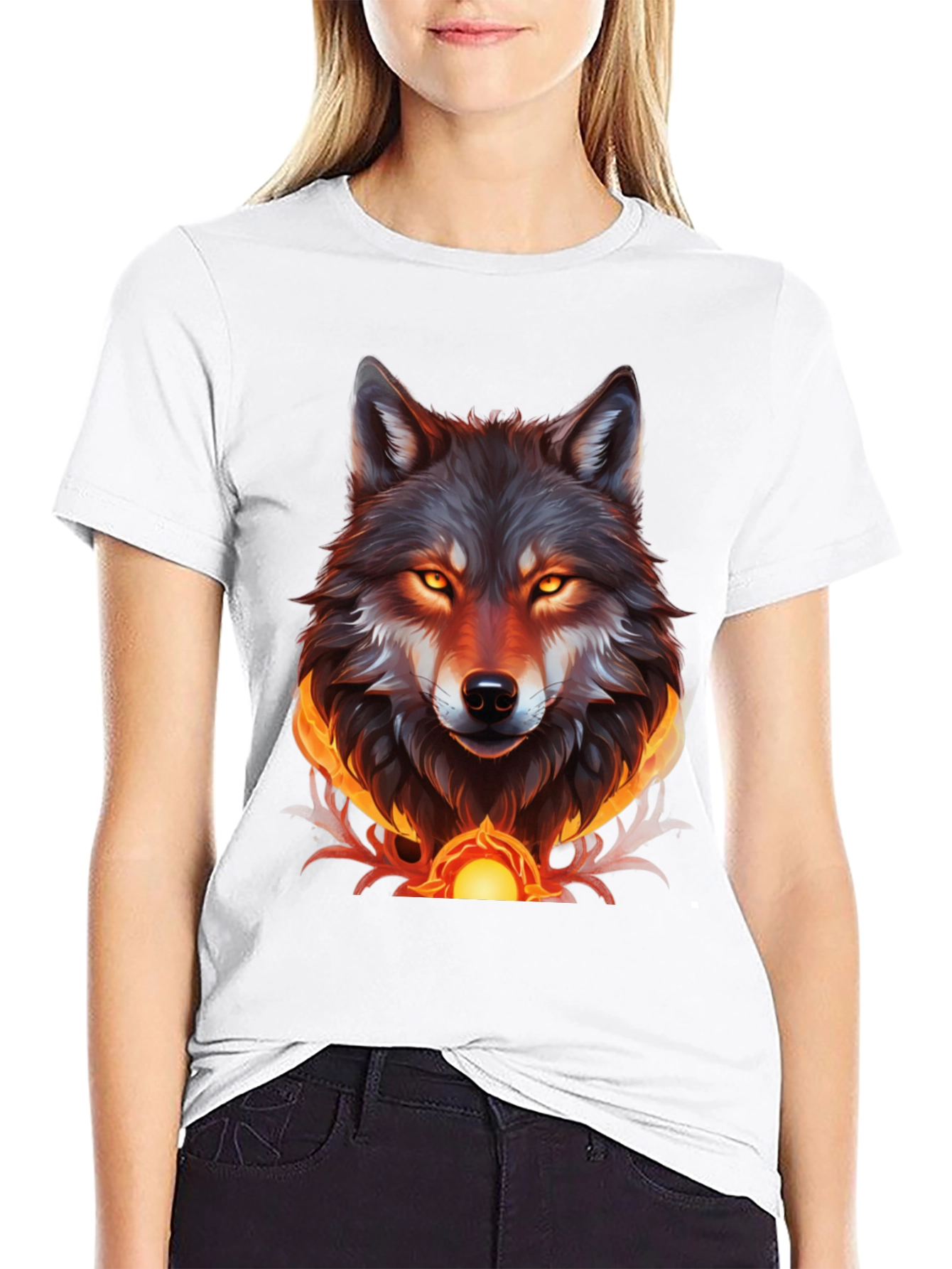 Fiery Wolf Graphic Tee - Bold Black T-Shirt