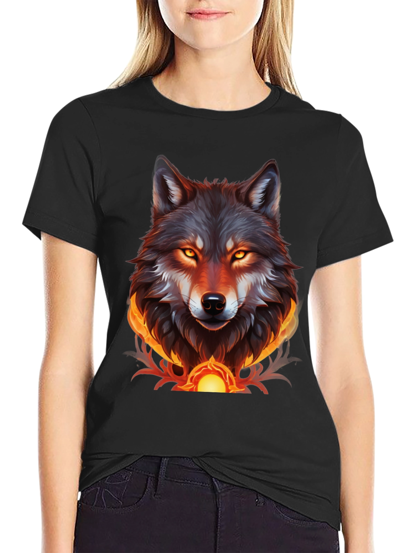 Fiery Wolf Graphic Tee - Bold Black T-Shirt