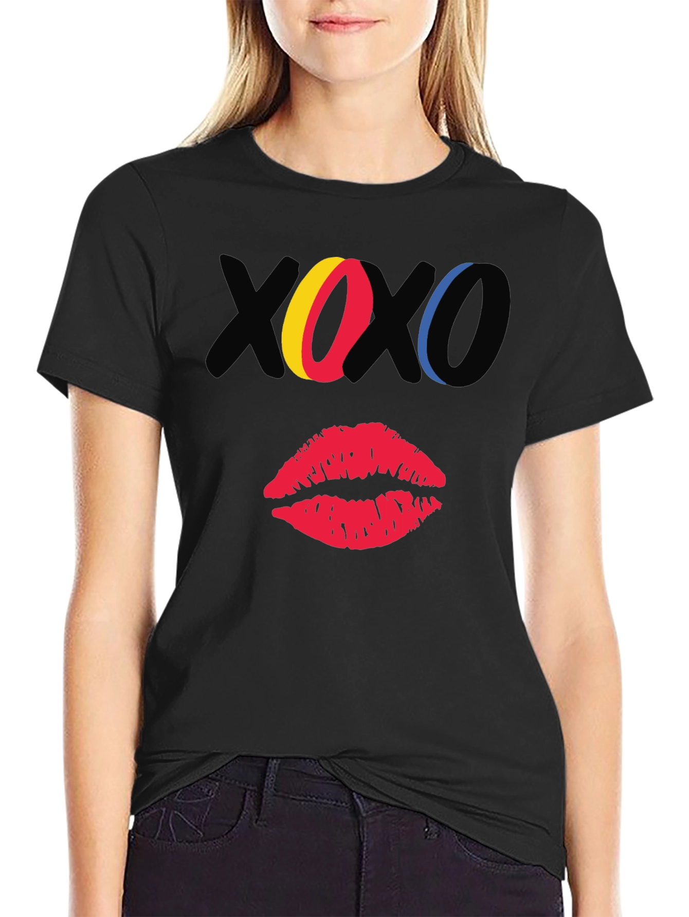 XOXO Kiss Graphic Print Black Casual T-Shirt