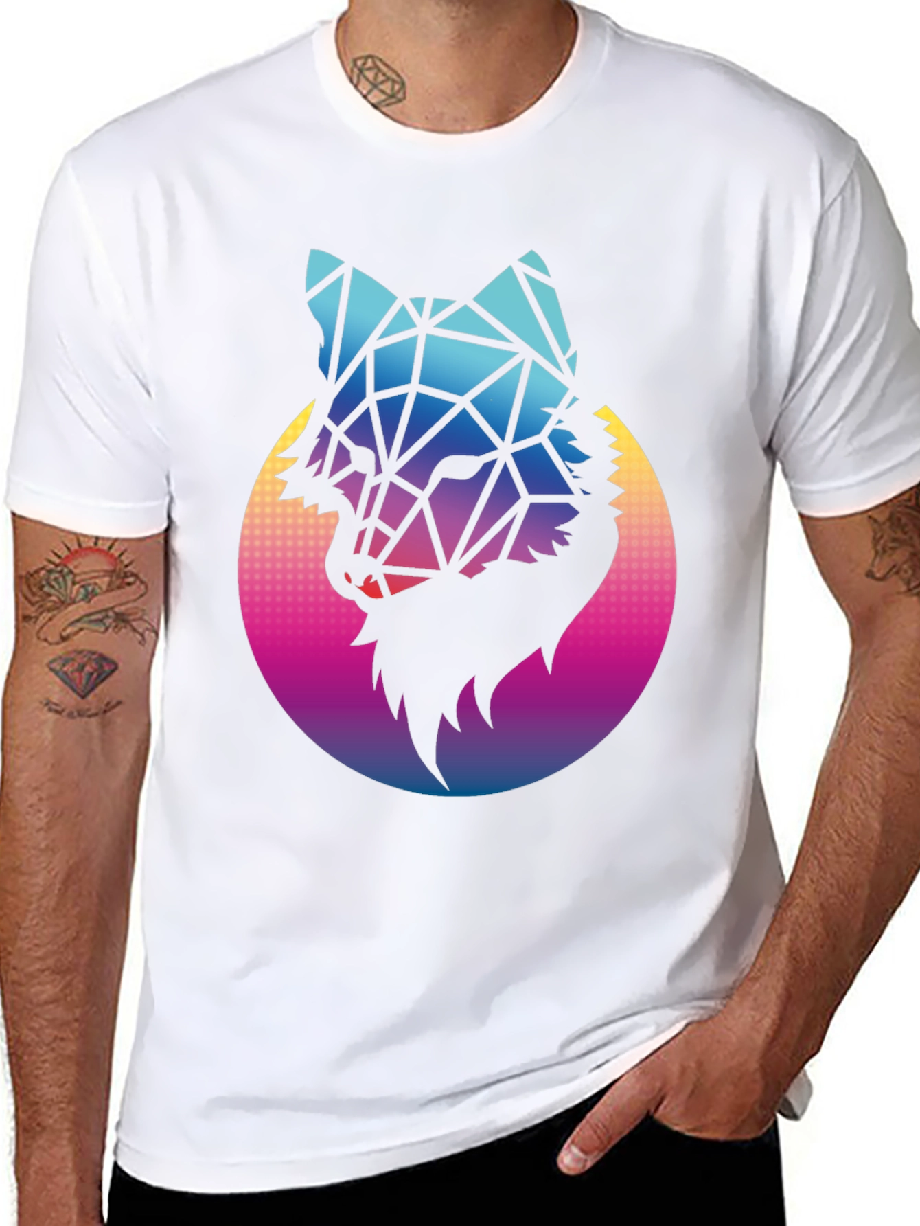 Geometric Wolf Graphic Tee - Black Cotton Blend