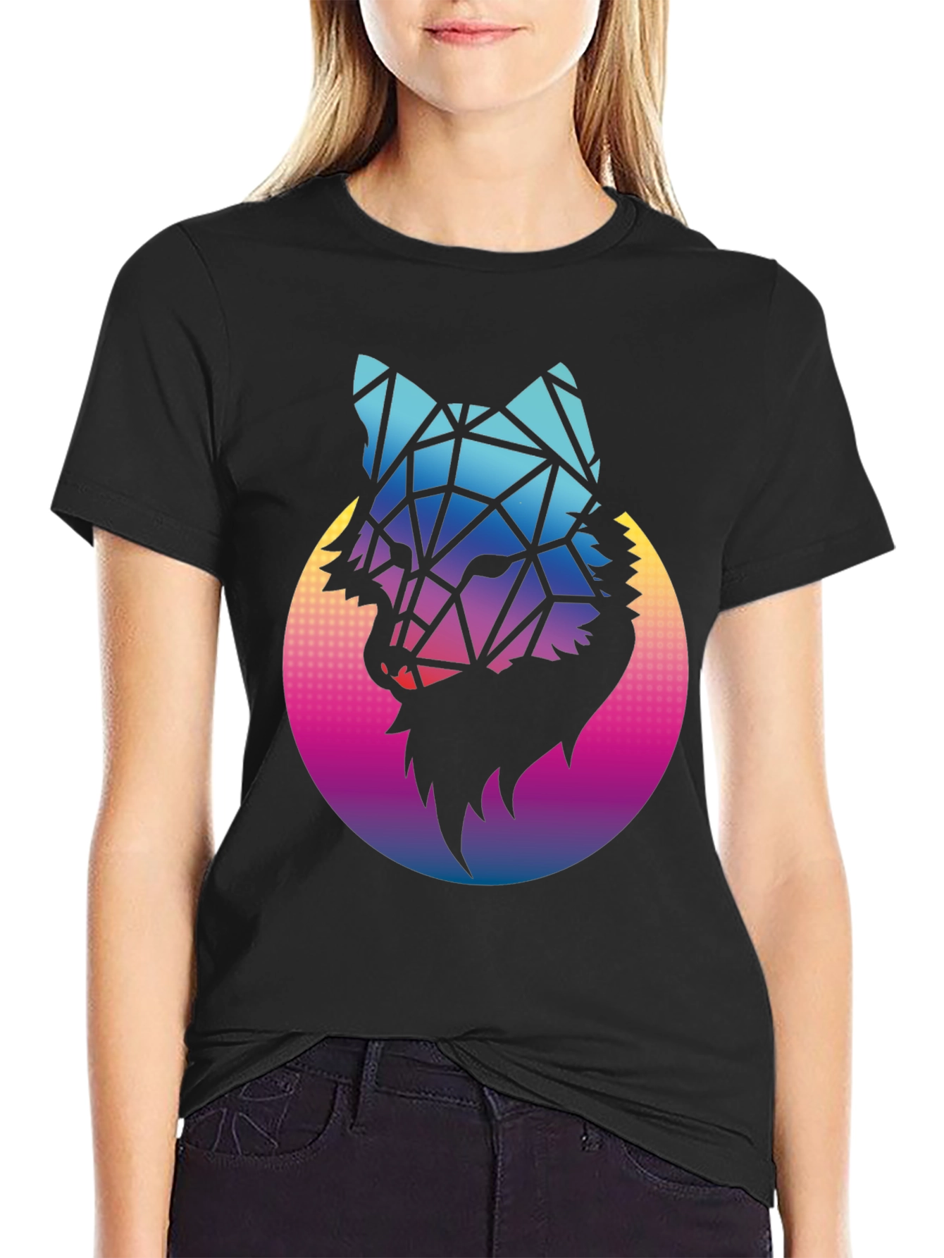 Geometric Wolf Graphic Tee - Black Cotton Blend