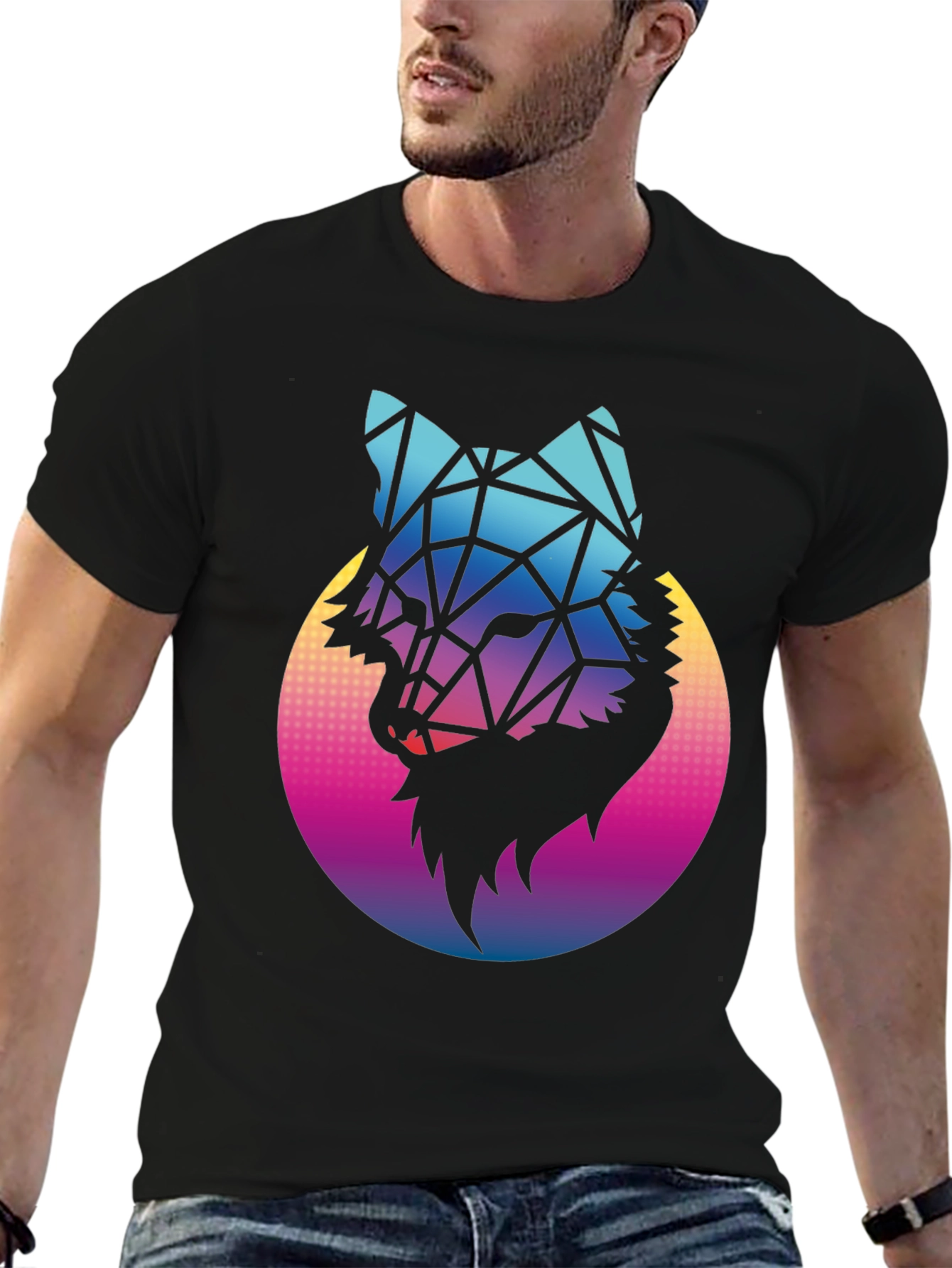 Geometric Wolf Graphic Tee - Black Cotton Blend