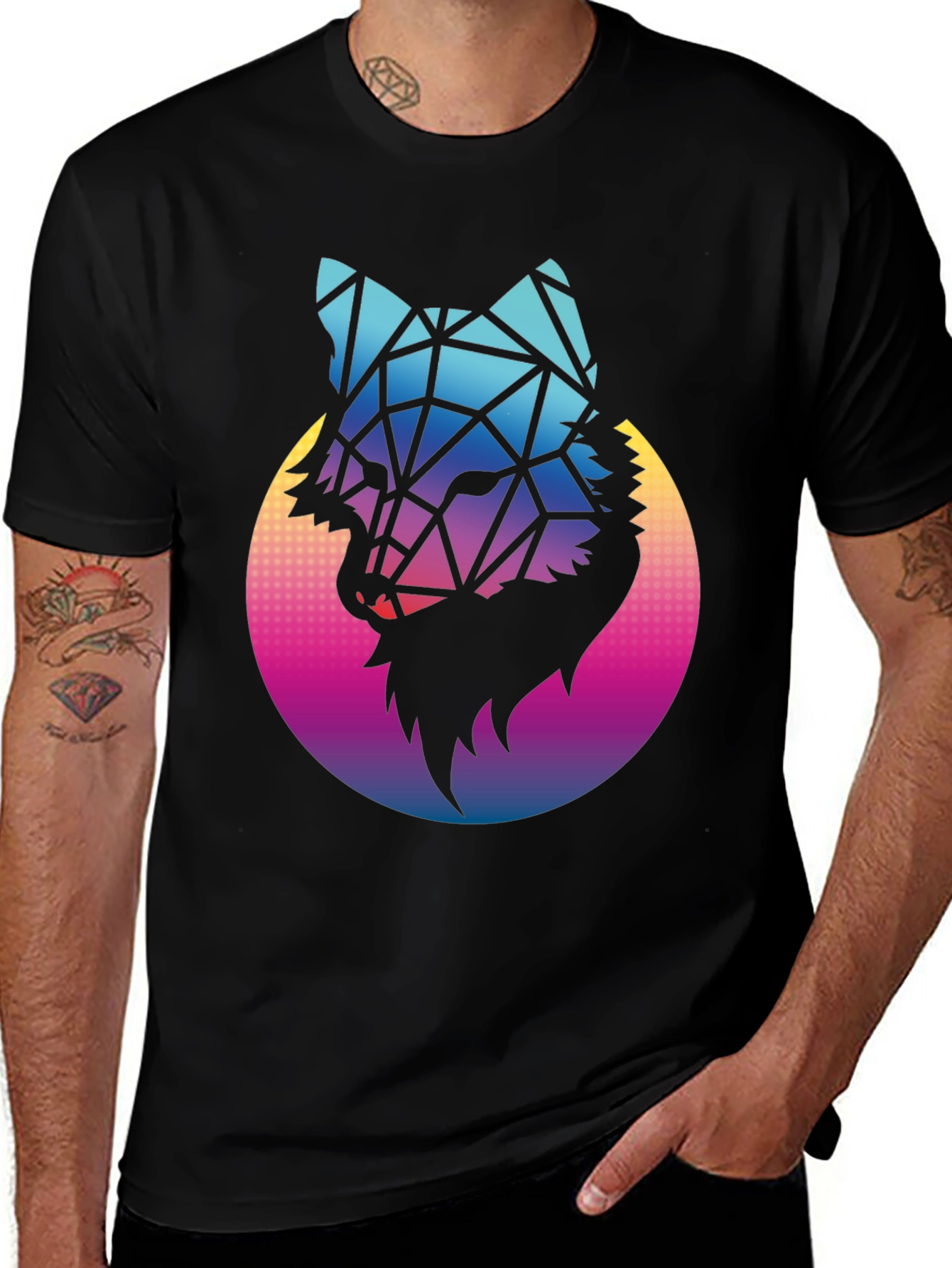 Geometric Wolf Graphic Tee - Black Cotton Blend