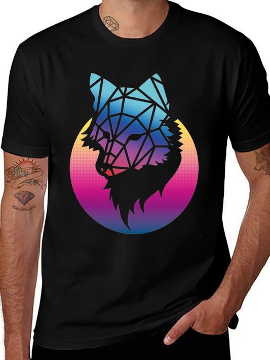Geometric Wolf Graphic Tee - Black Cotton Blend