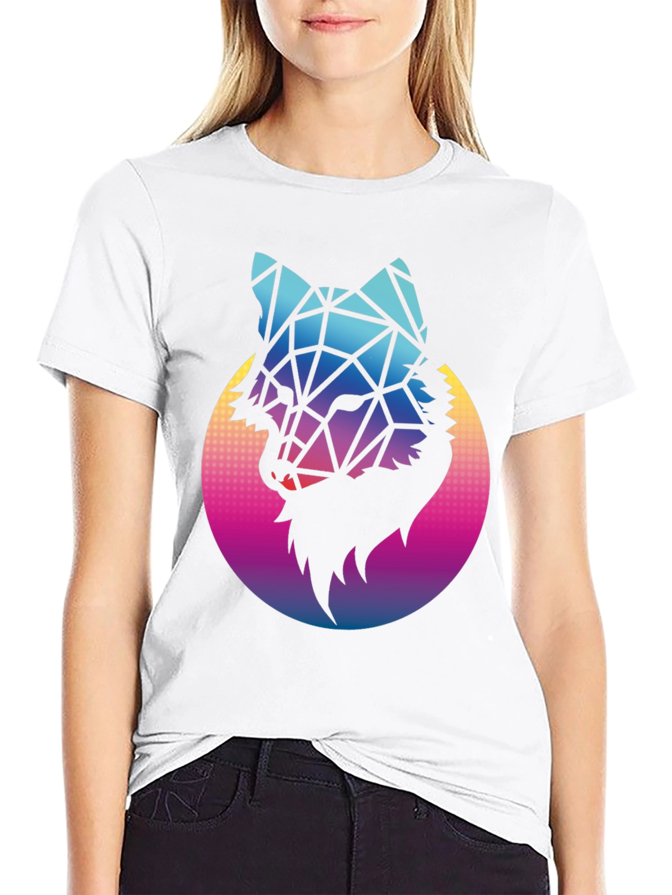 Geometric Wolf Graphic Tee - Black Cotton Blend