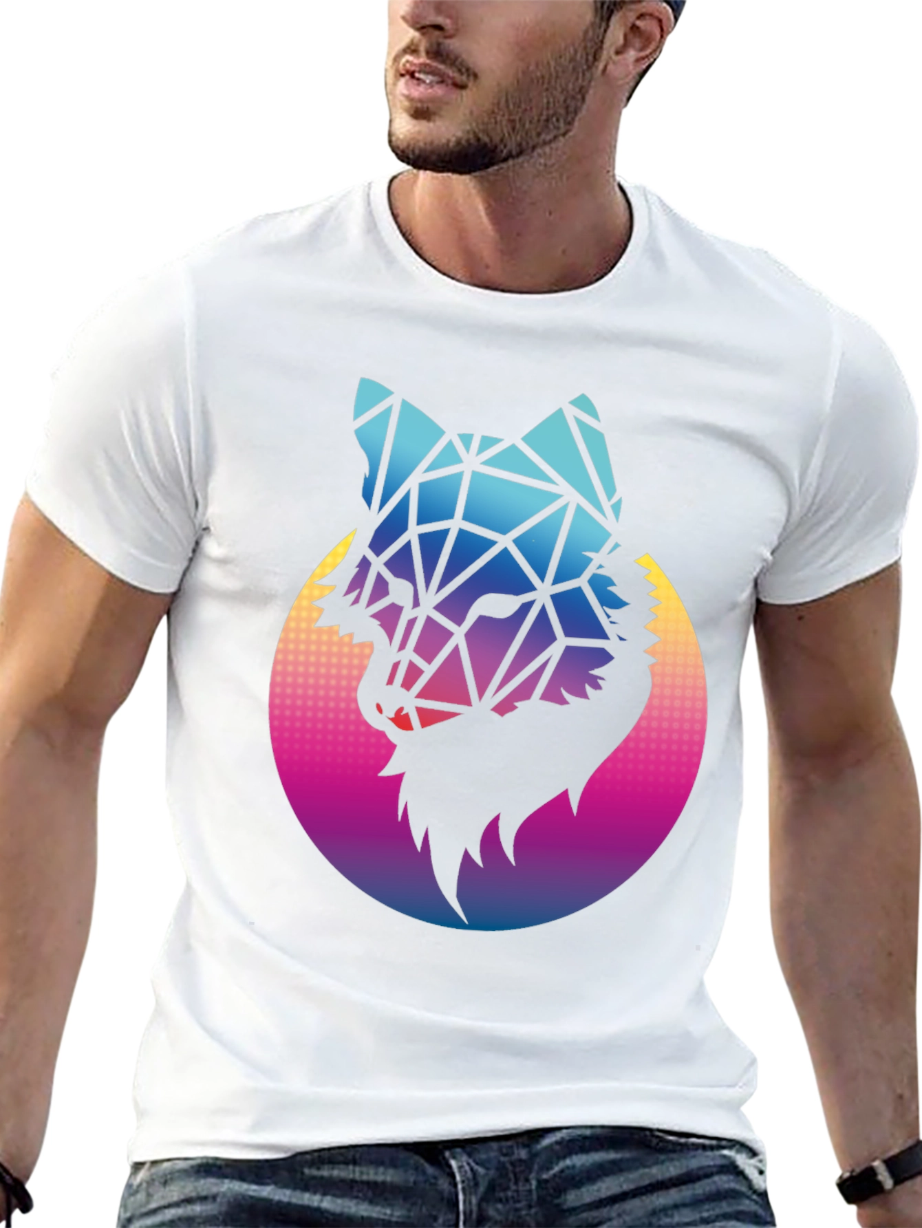 Geometric Wolf Graphic Tee - Black Cotton Blend