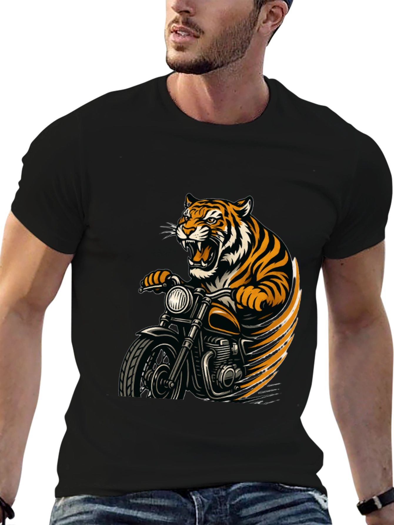 Tiger Rider Graphic Tee - Black Cotton T-Shirt