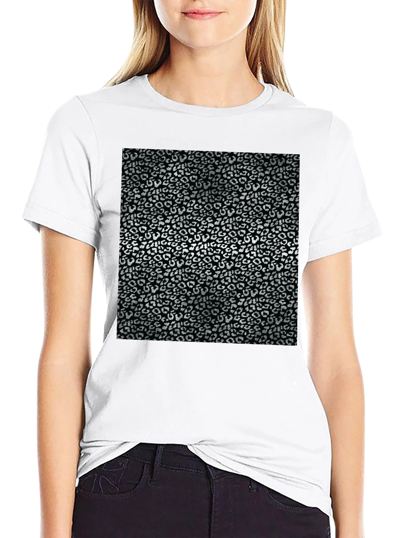 Black T-Shirt with Silver Leopard Print