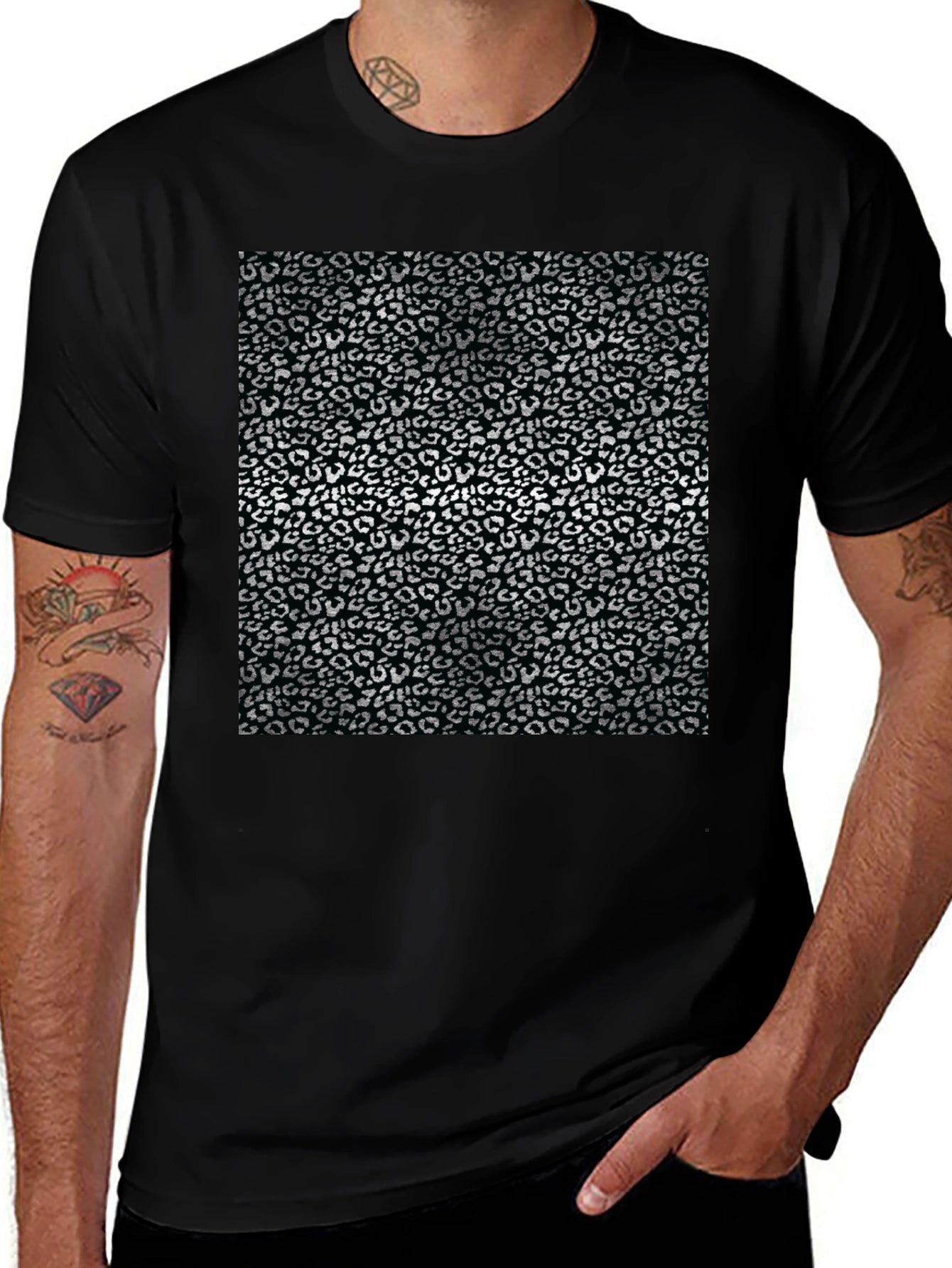 Black T-Shirt with Silver Leopard Print