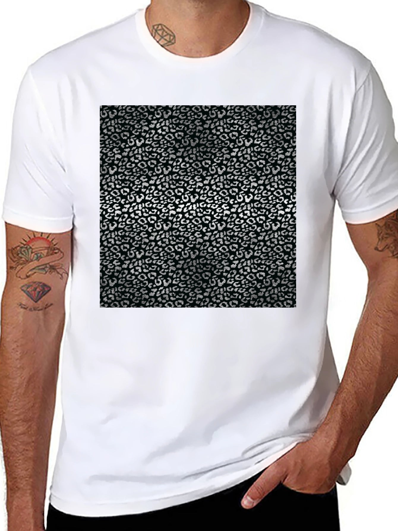 Black T-Shirt with Silver Leopard Print