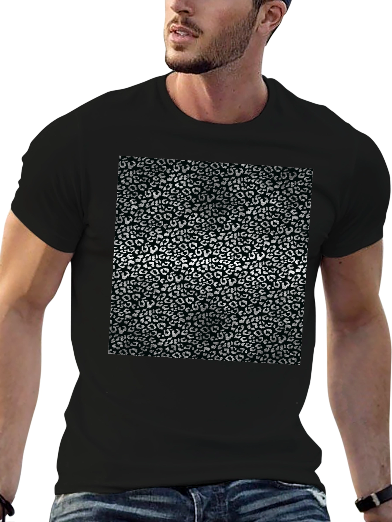 Black T-Shirt with Silver Leopard Print