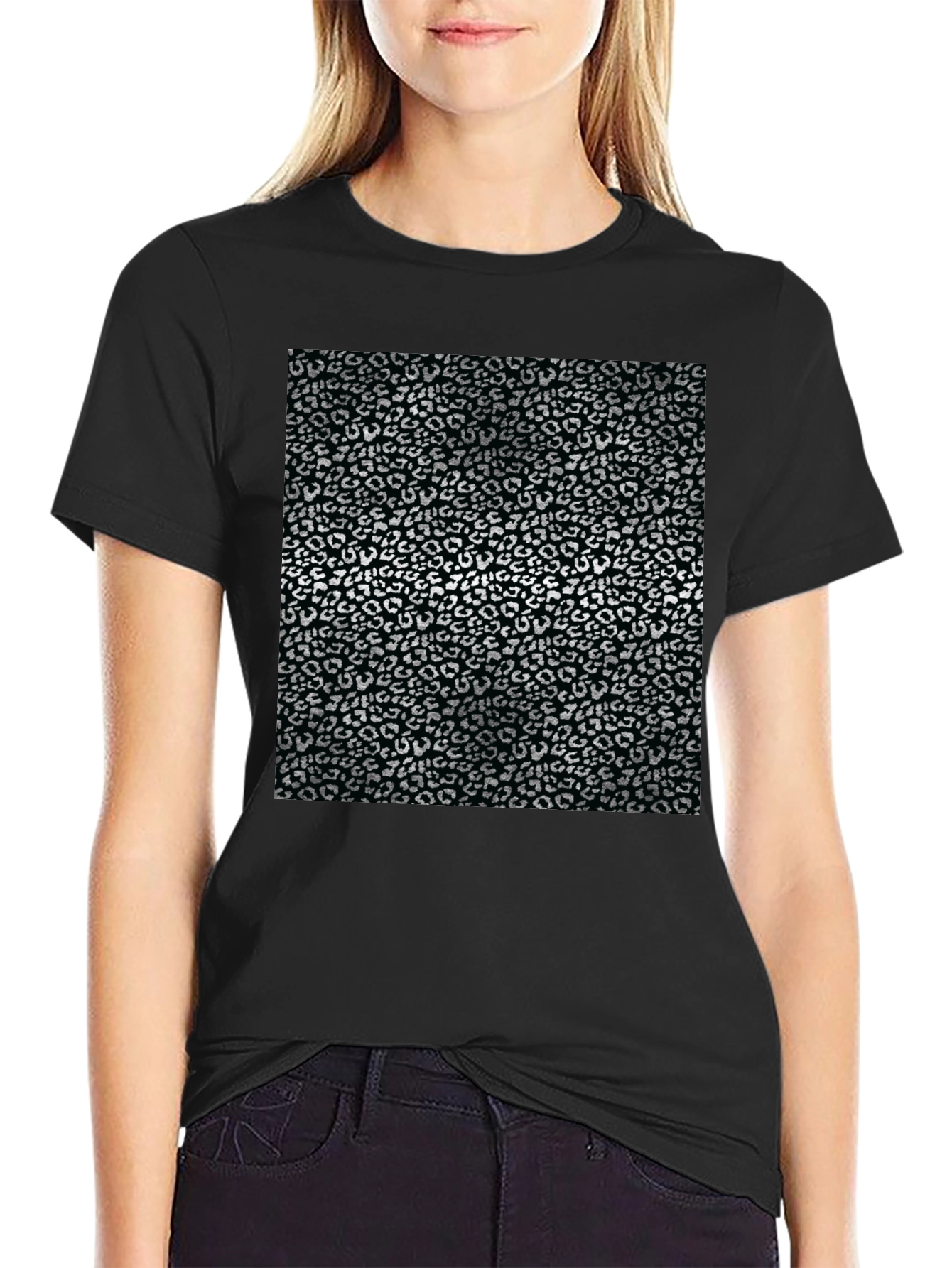 Black T-Shirt with Silver Leopard Print