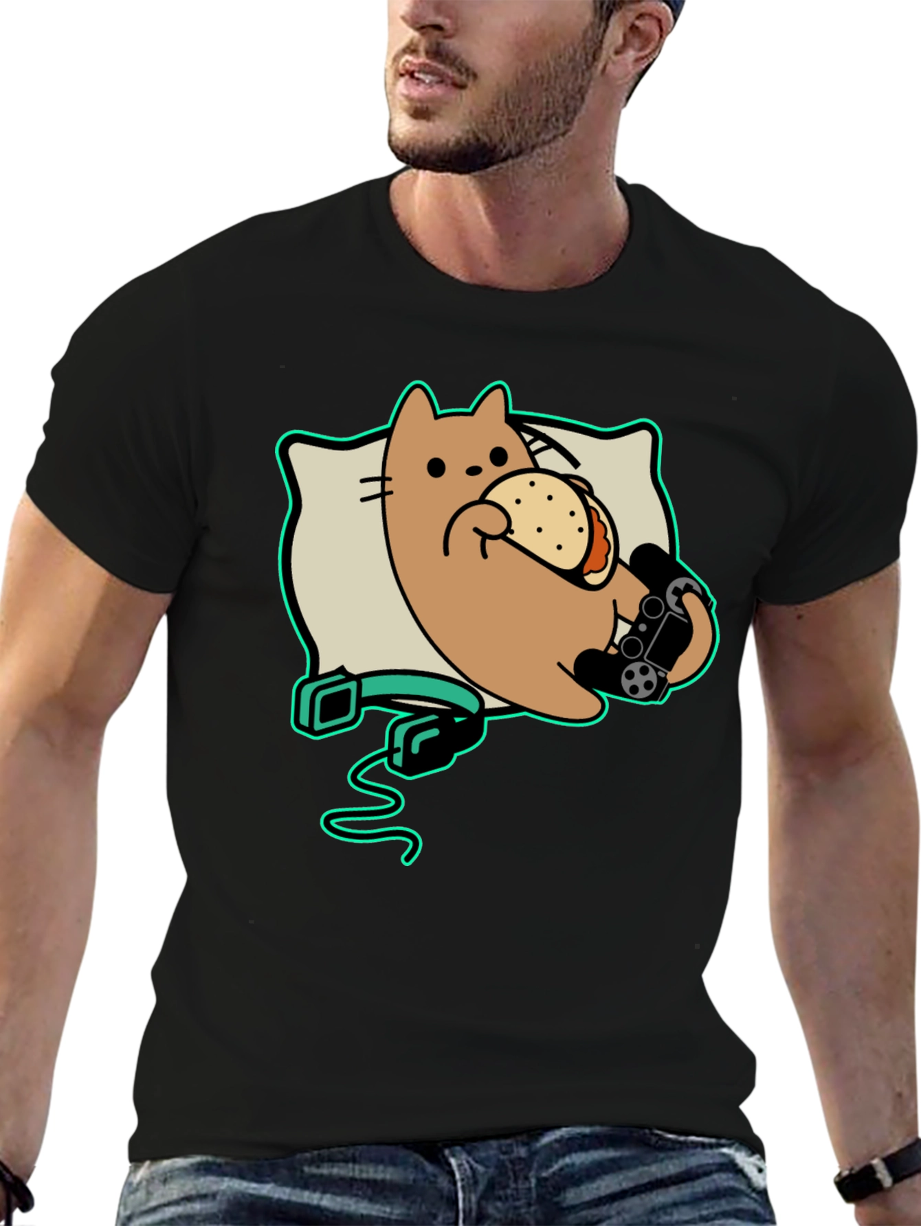 Gamer Cat Taco Black T-Shirt