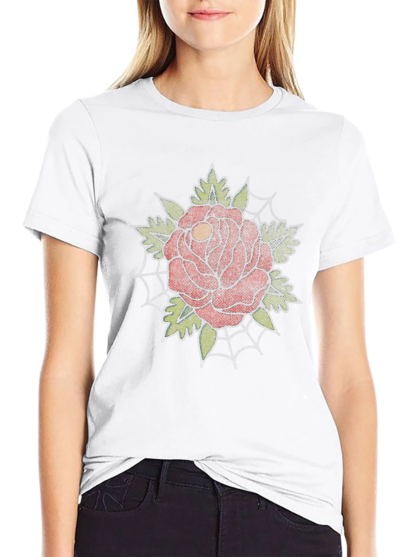 Rose and Spiderweb Graphic Tee - Classic Tattoo Style