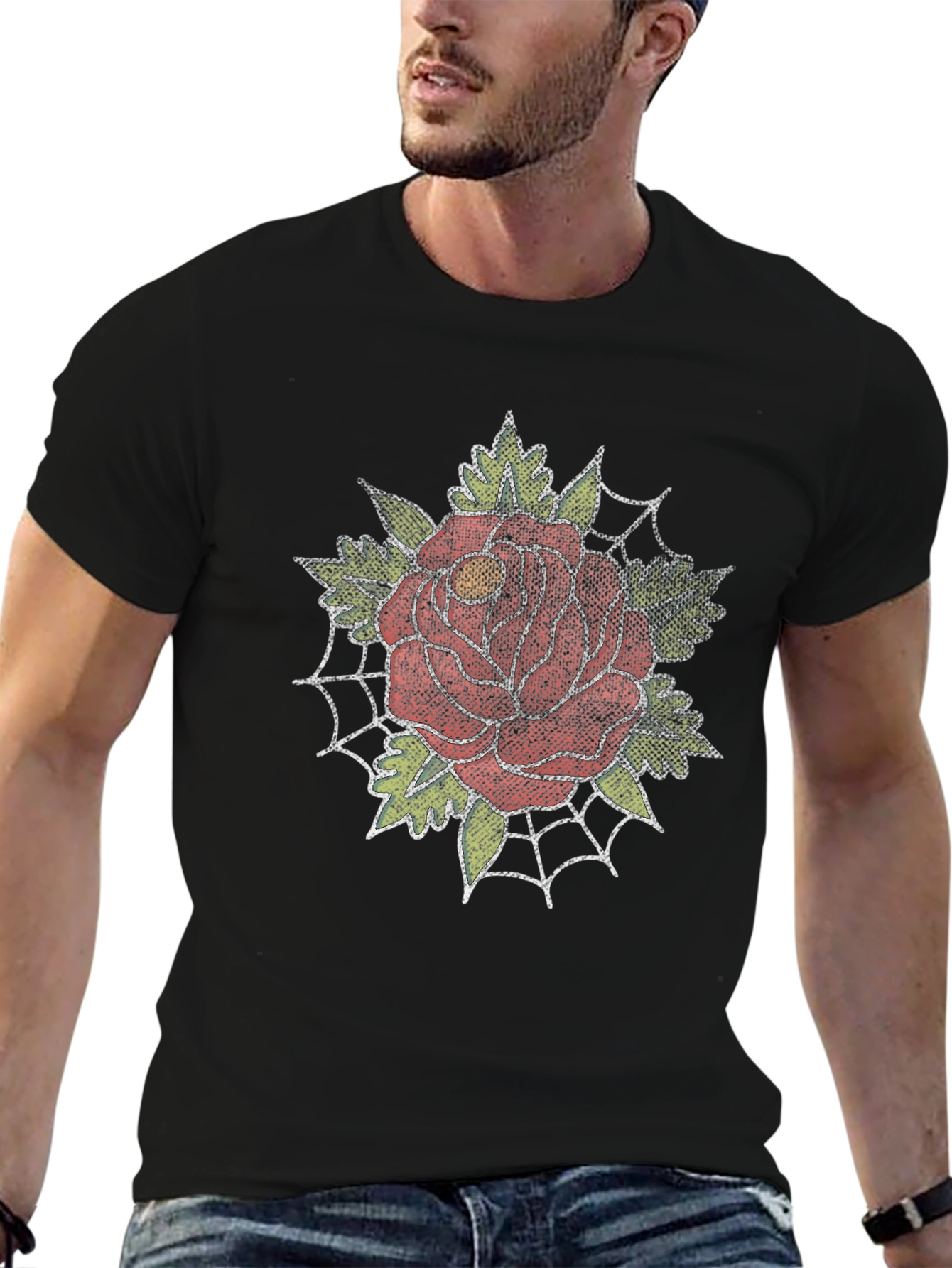 Rose and Spiderweb Graphic Tee - Classic Tattoo Style