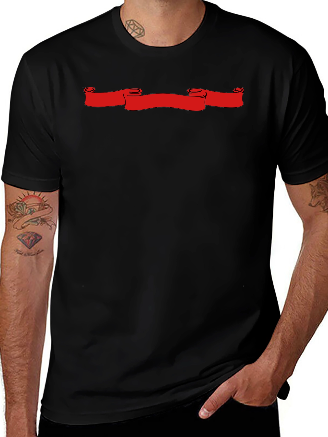 Black T-Shirt with Red Scroll Graphic