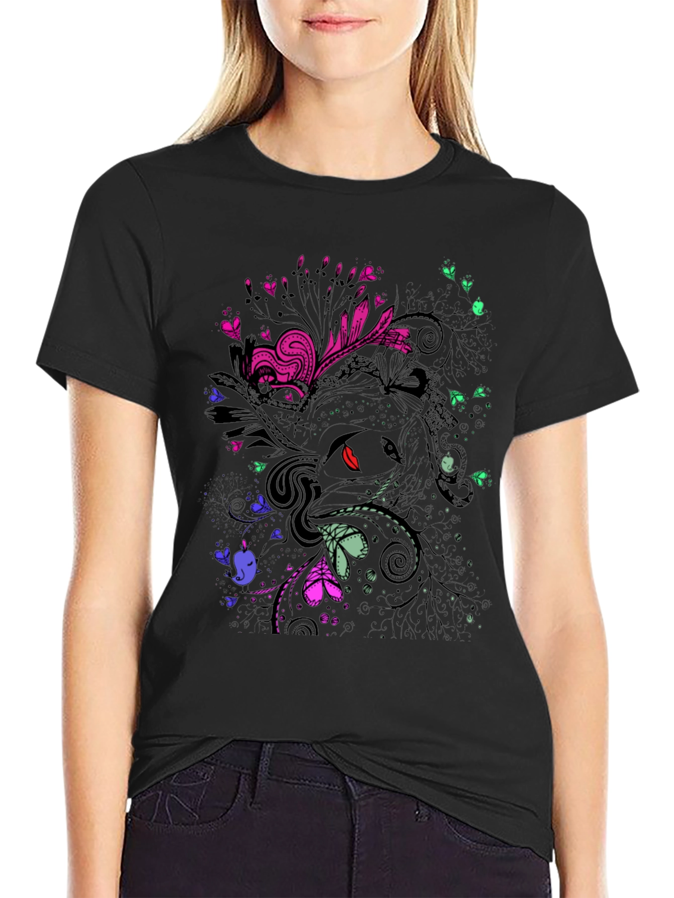 Abstract Floral Graphic Print Black T-Shirt