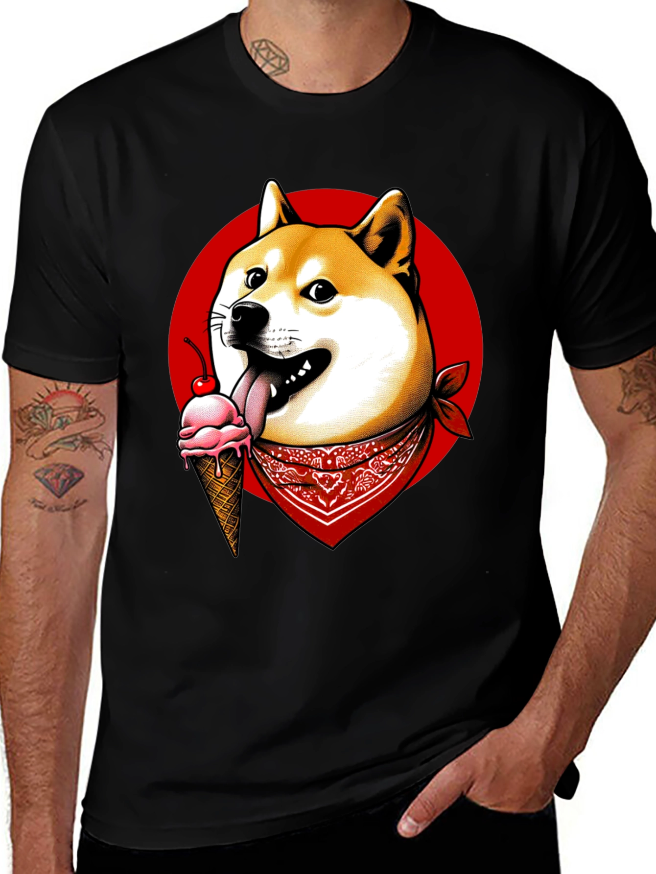 Doge Ice Cream Bandana Graphic Tee - Black