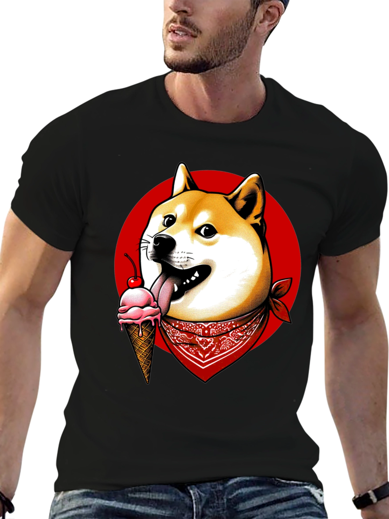 Doge Ice Cream Bandana Graphic Tee - Black