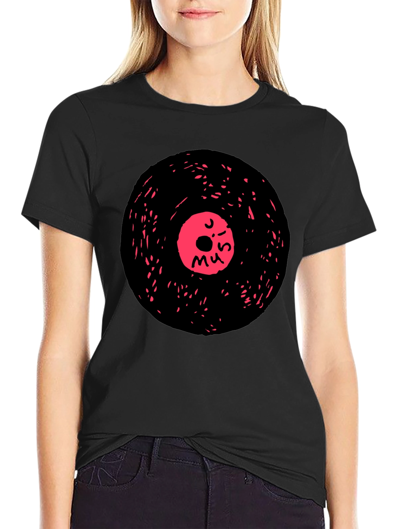 Retro Music Vinyl Graphic Tee - Casual Black T-Shirt