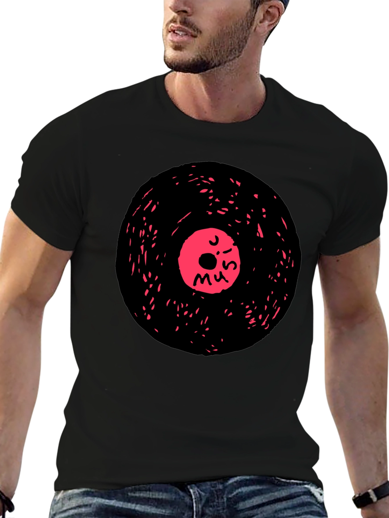 Retro Music Vinyl Graphic Tee - Casual Black T-Shirt