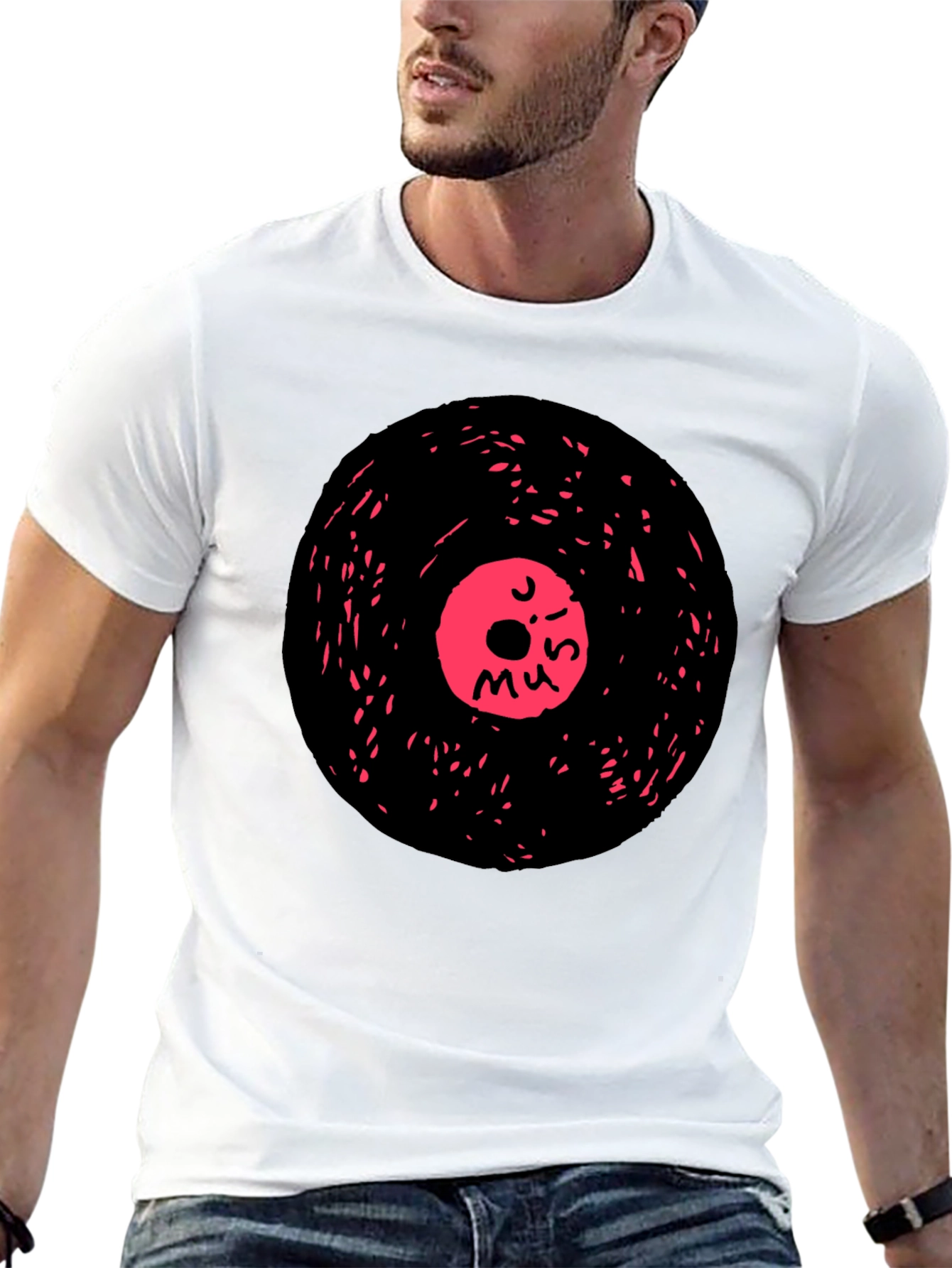 Retro Music Vinyl Graphic Tee - Casual Black T-Shirt