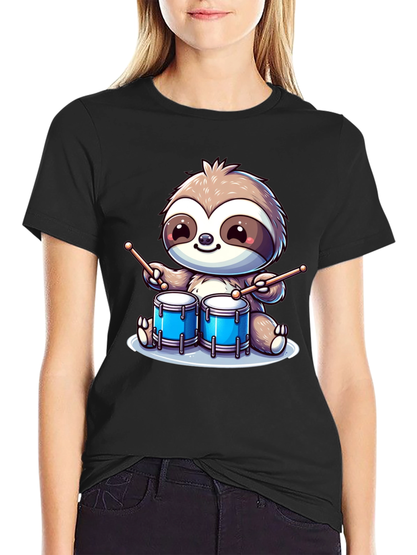 Sloth Drummer Graphic T-Shirt - Cool Cartoon Design