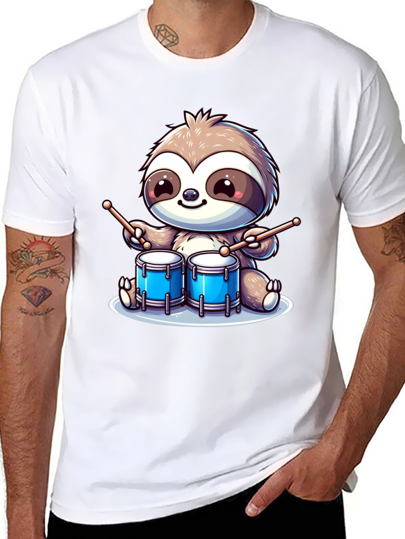 Sloth Drummer Graphic T-Shirt - Cool Cartoon Design