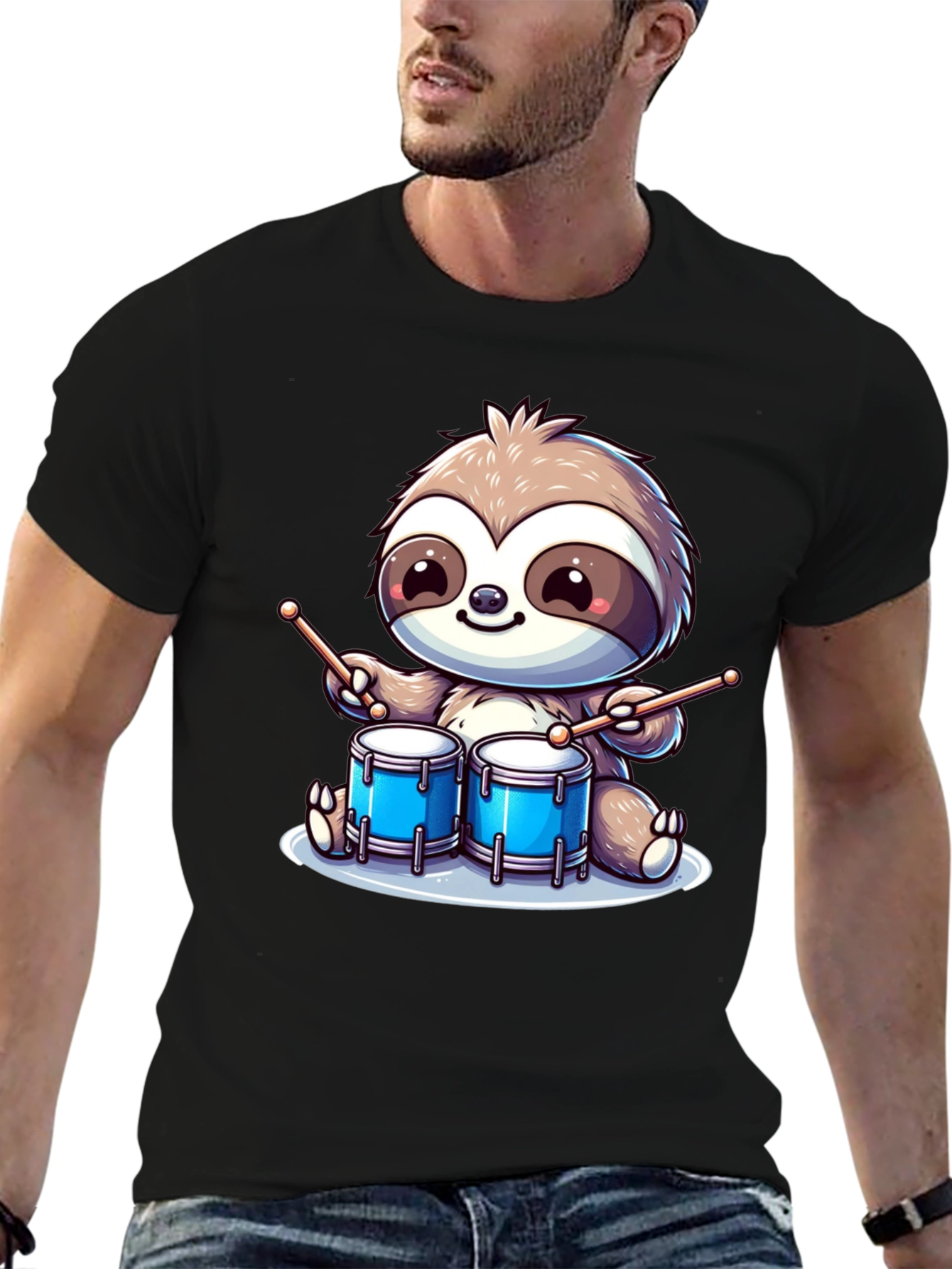 Sloth Drummer Graphic T-Shirt - Cool Cartoon Design